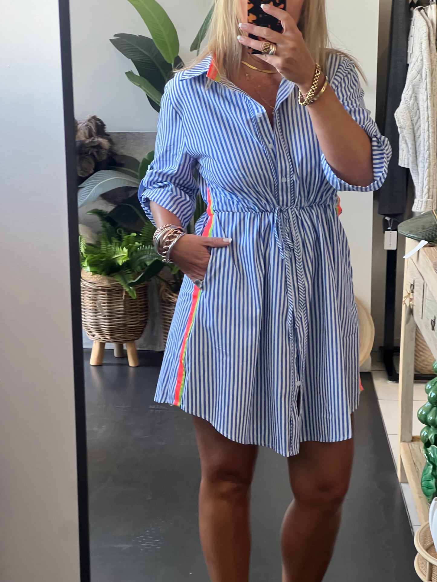 Stripe Cotton Shirt Dress Neon Trim - Blue
