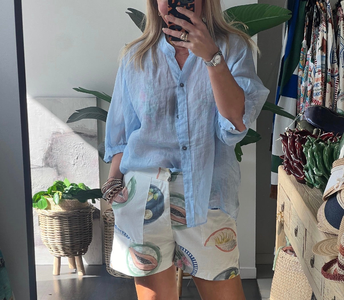 Fine Linen Travel Shirt Top- baby blue