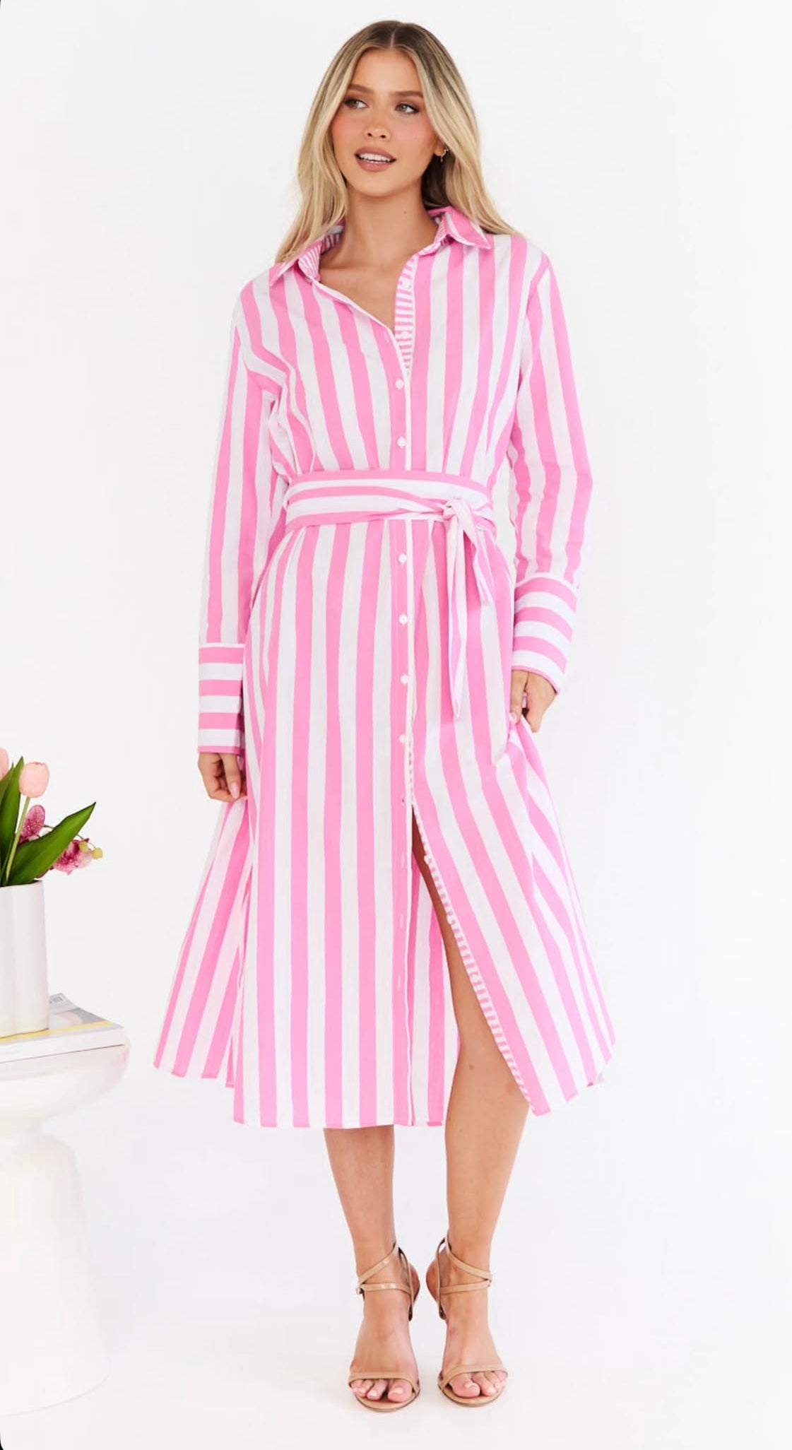 Stripe Long Sleeve Shirt Maxi Dress - Blue