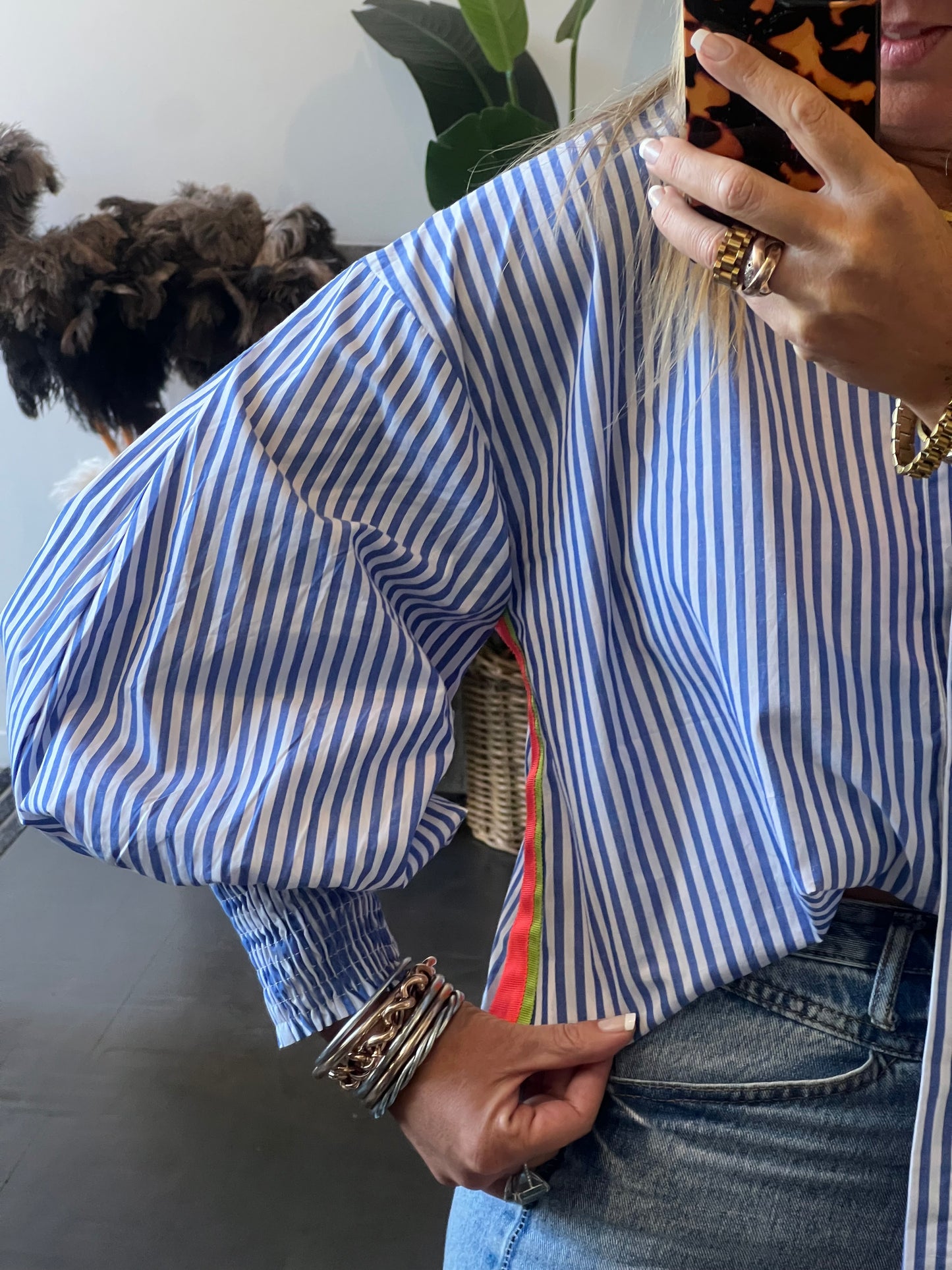 Blue & White Stripe Cotton Shirt - neon trim