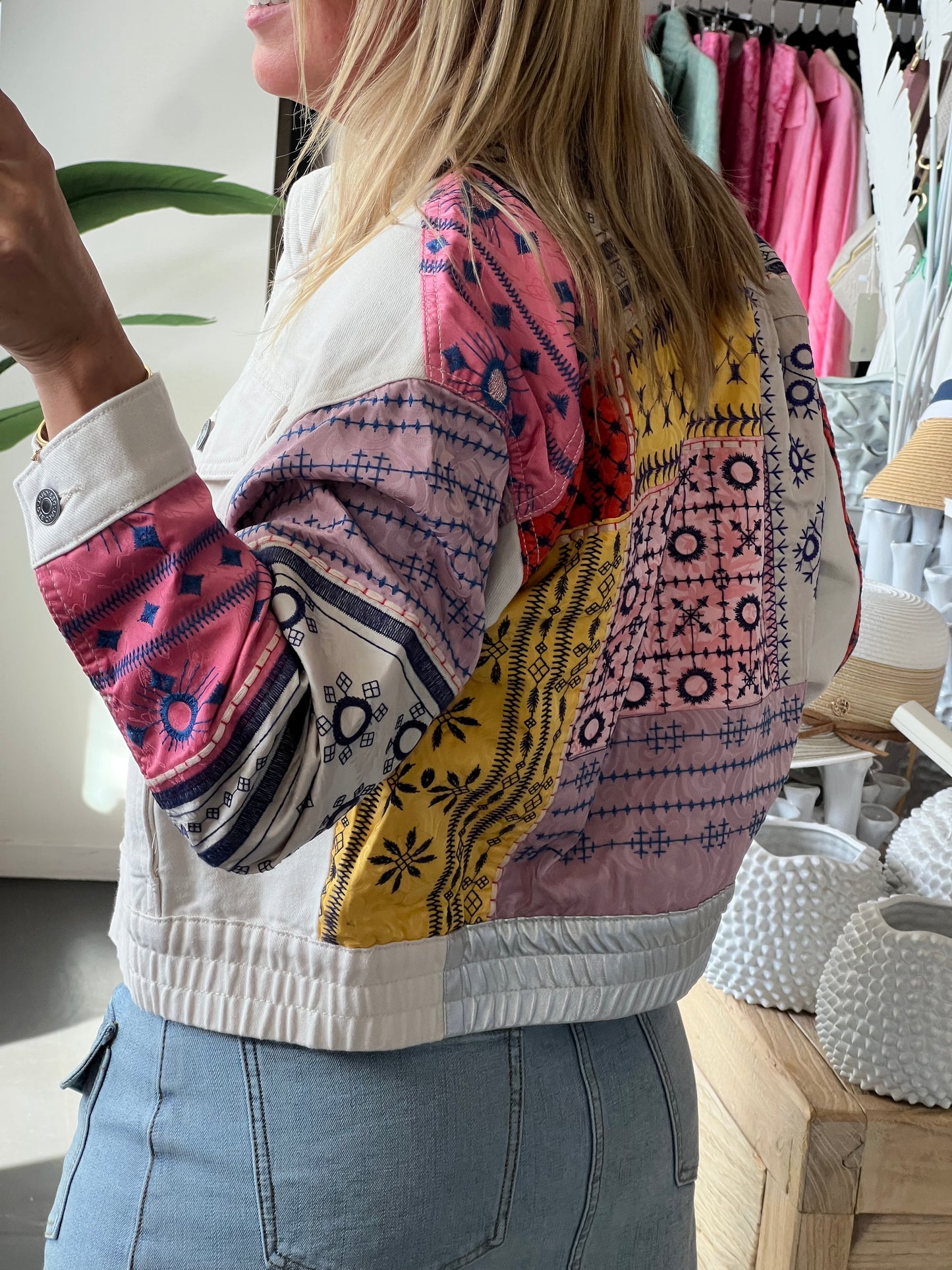 Desigual Embroidered Denim Bomber Jacket cream