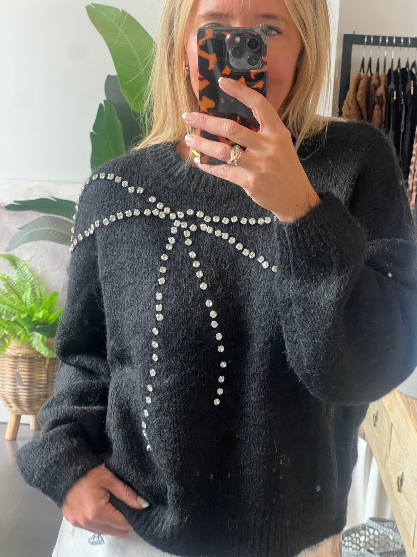 bling Bow Relaxed Knit Jumper- black