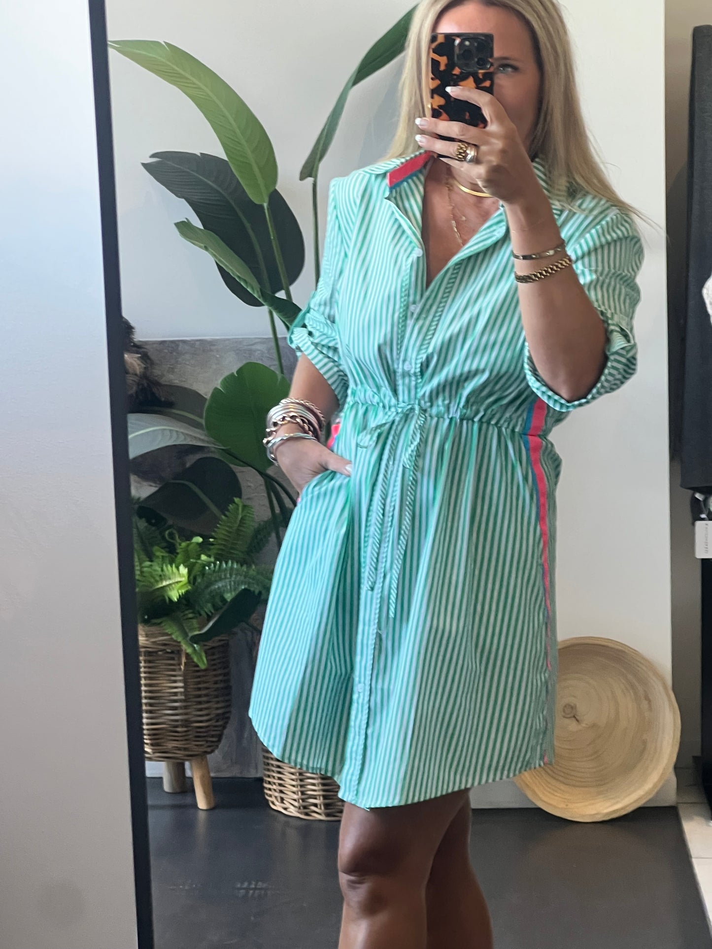 Stripe Cotton Shirt Dress Neon Trim - Green