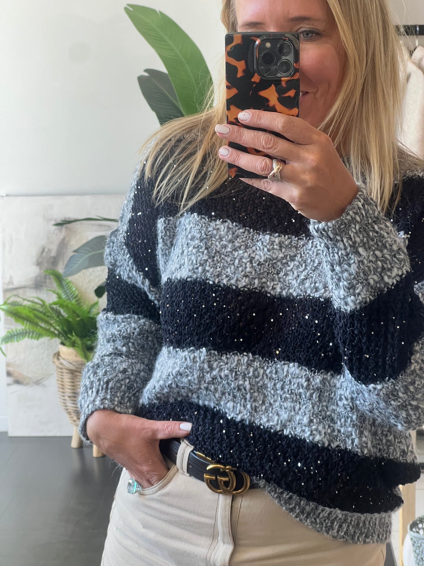 Twinkle Stripe Chunky Knit Jumper- black & grey