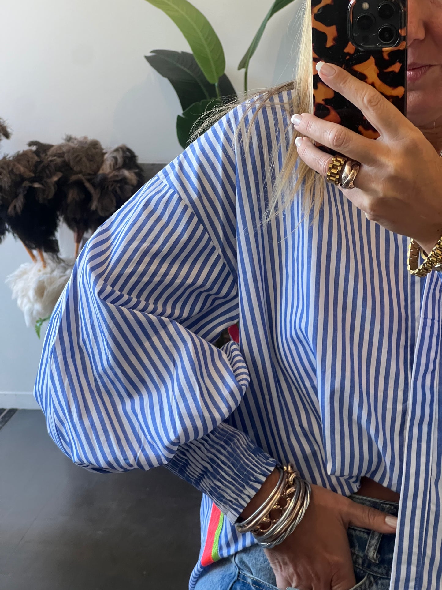 Blue & White Stripe Cotton Shirt - neon trim