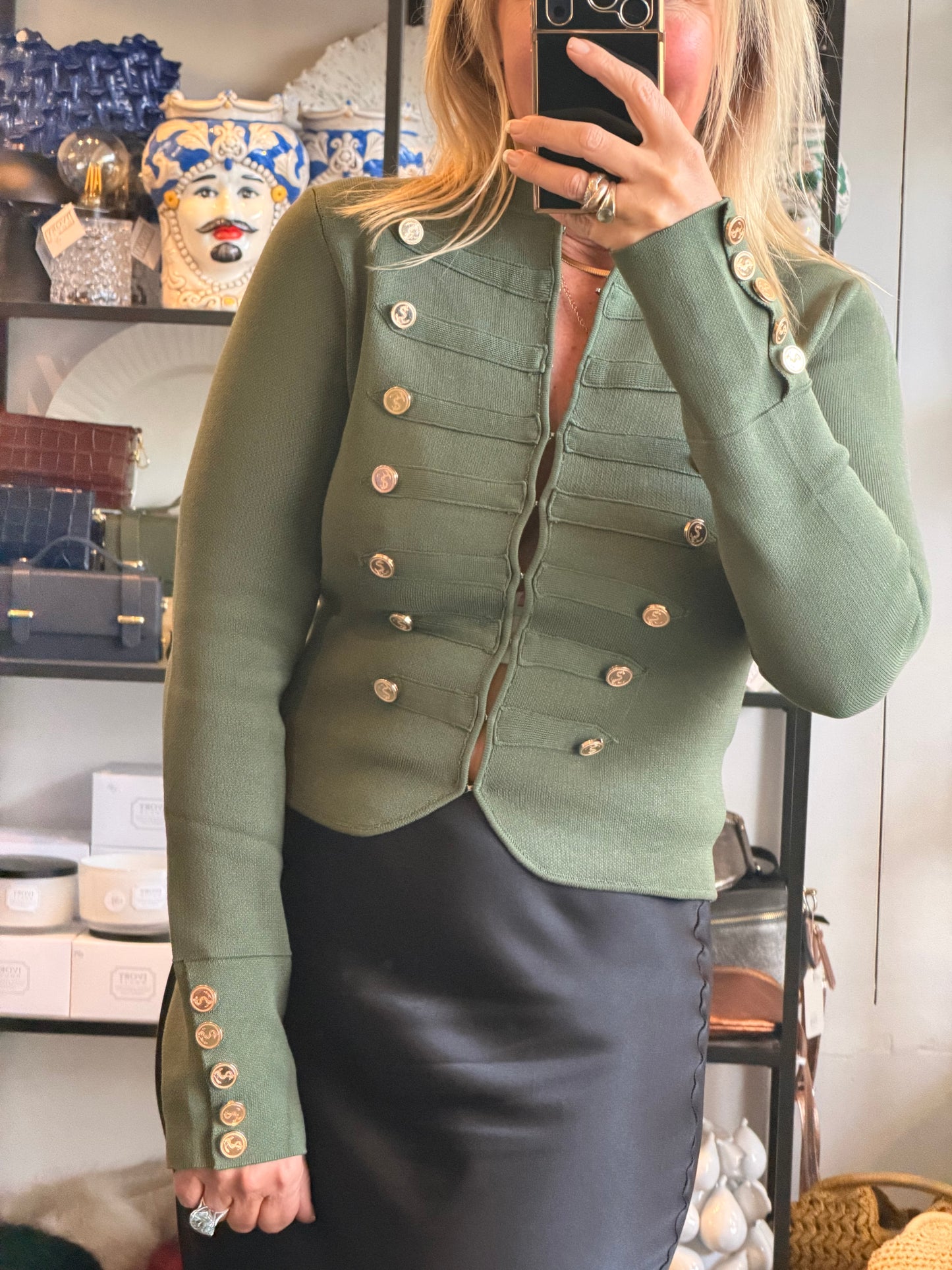 Crepe Knit Military Jacket- khaki