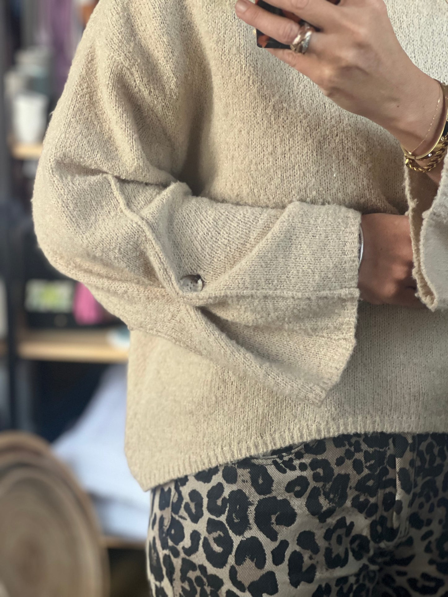 Roll Neck Button Cuff Knit Jumper