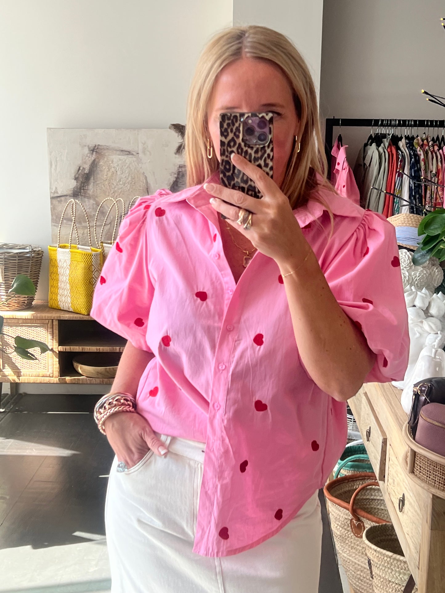 Hearts Puff Sleeve Cotton Shirt Top