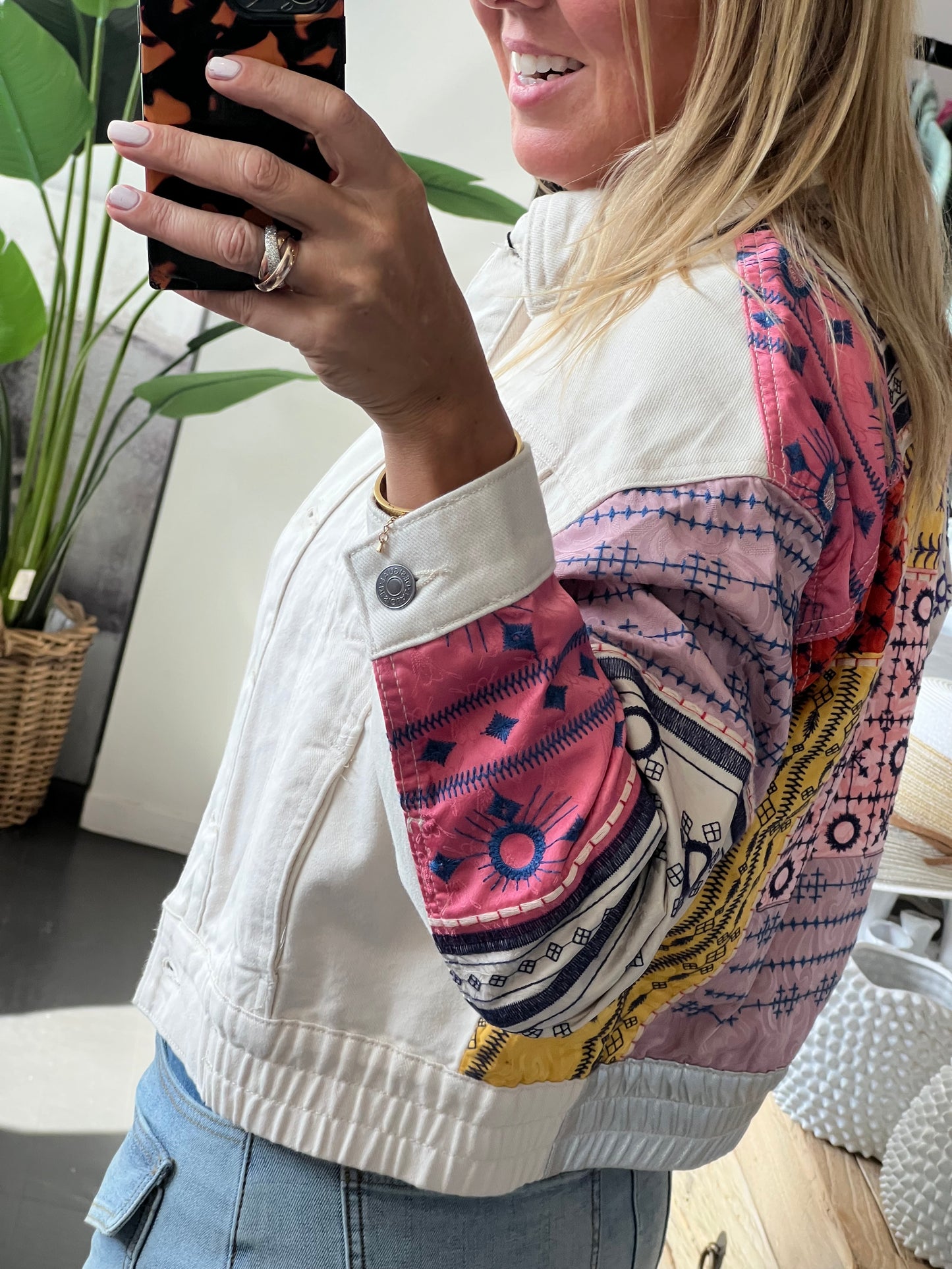 Desigual Embroidered Denim Bomber Jacket cream