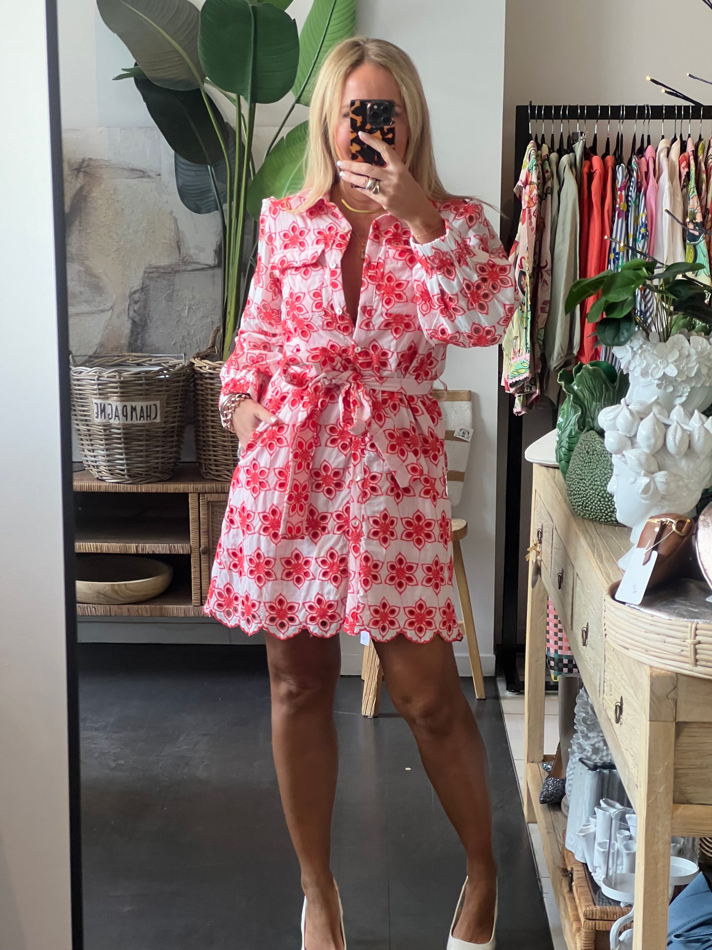 Broderie Anglaise Shirt Dress- red