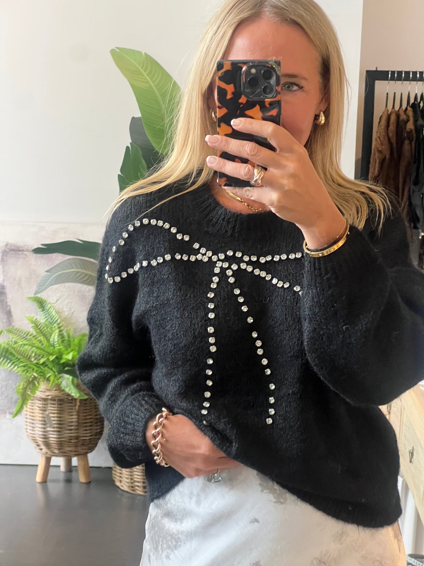 bling Bow Relaxed Knit Jumper- black