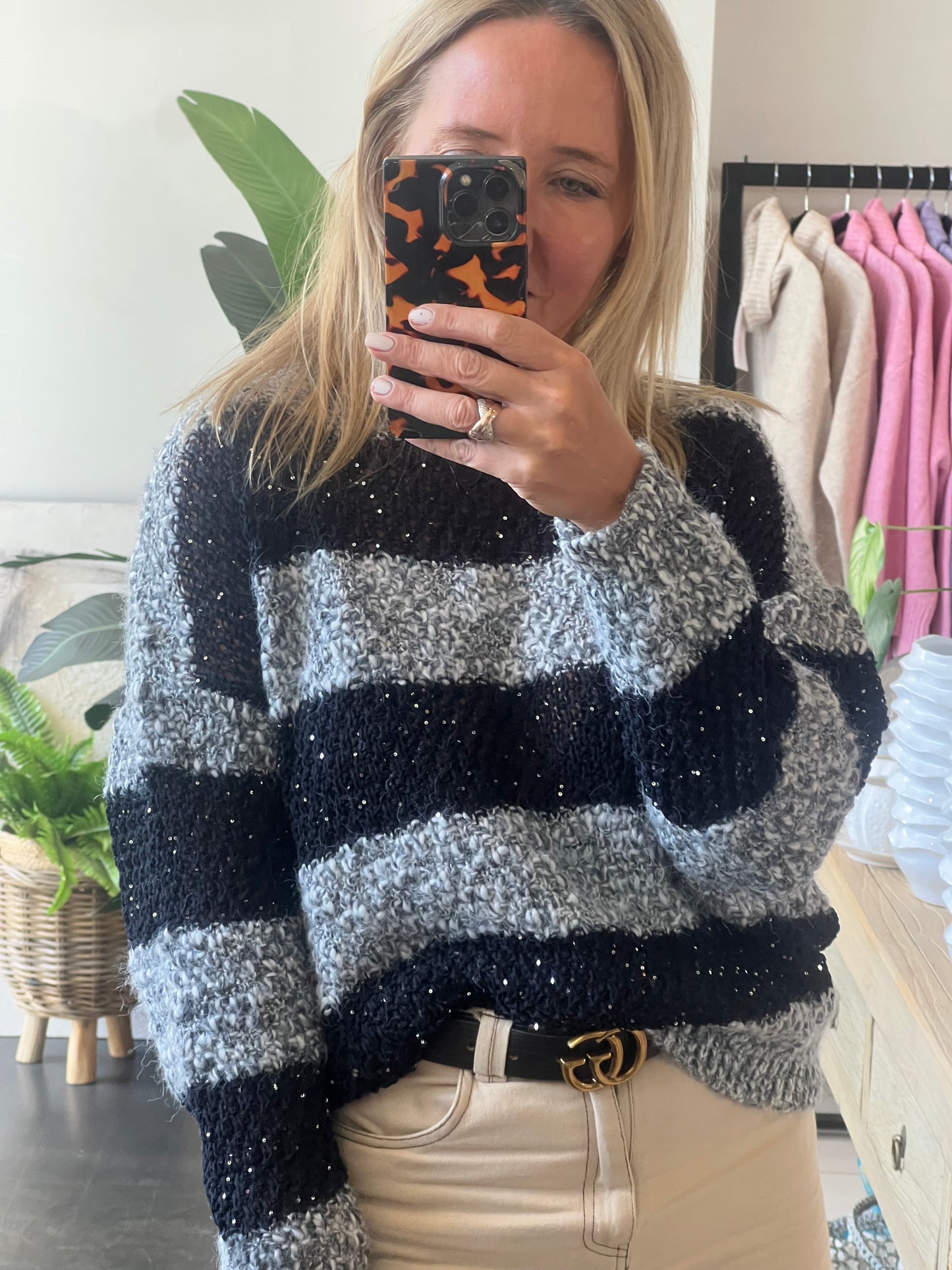 Twinkle Stripe Chunky Knit Jumper- black & grey