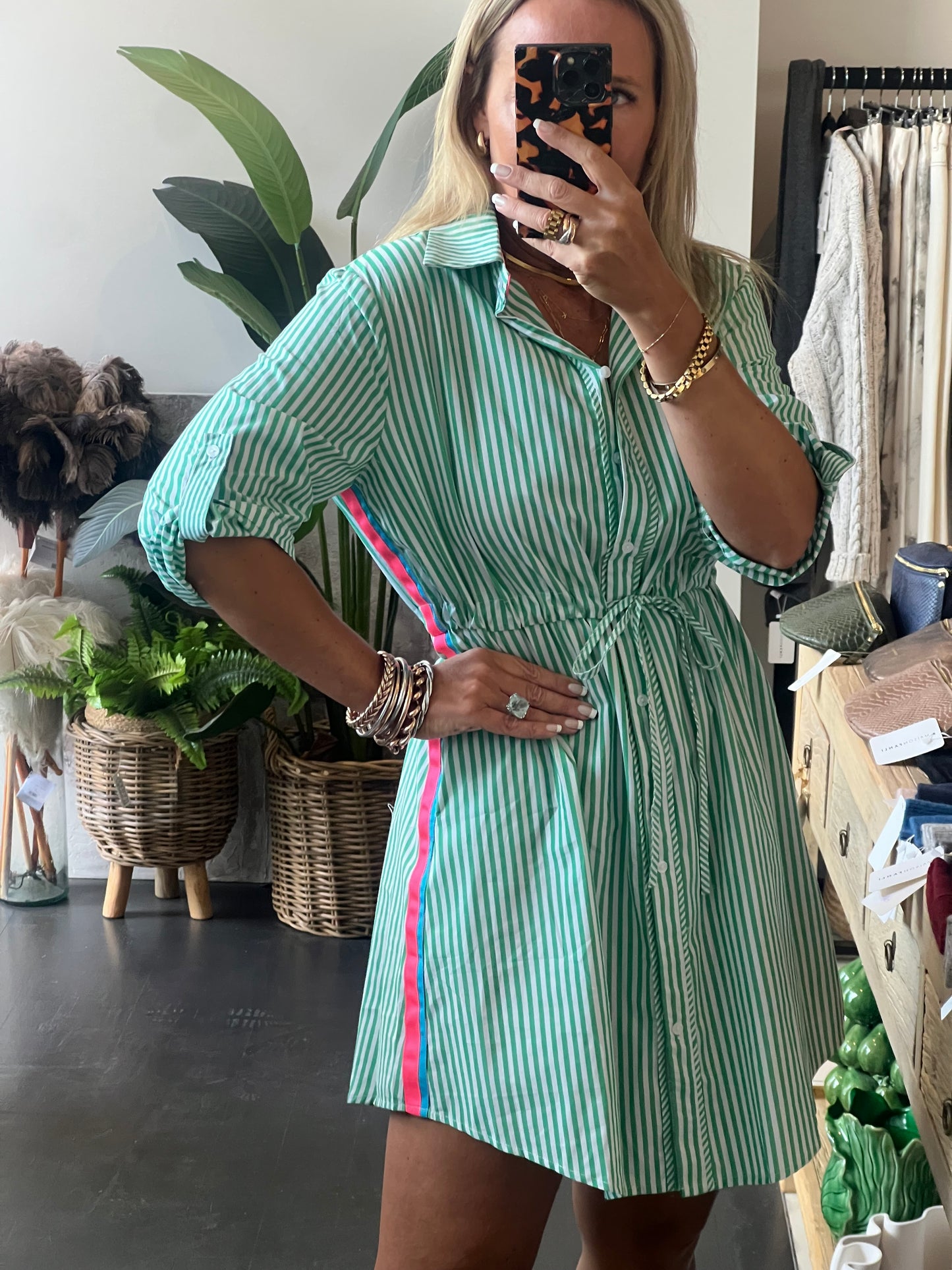 Stripe Cotton Shirt Dress Neon Trim - Green