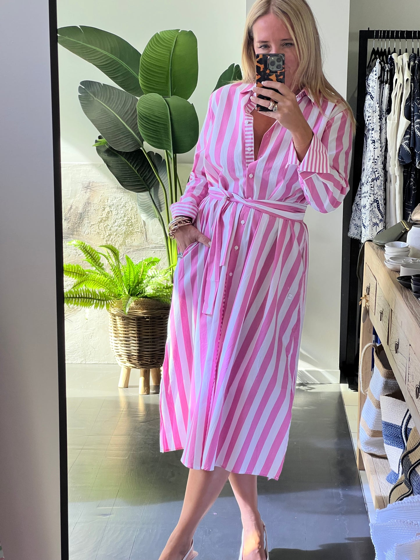 Stripe Long Sleeve Shirt Maxi Dress - Pink