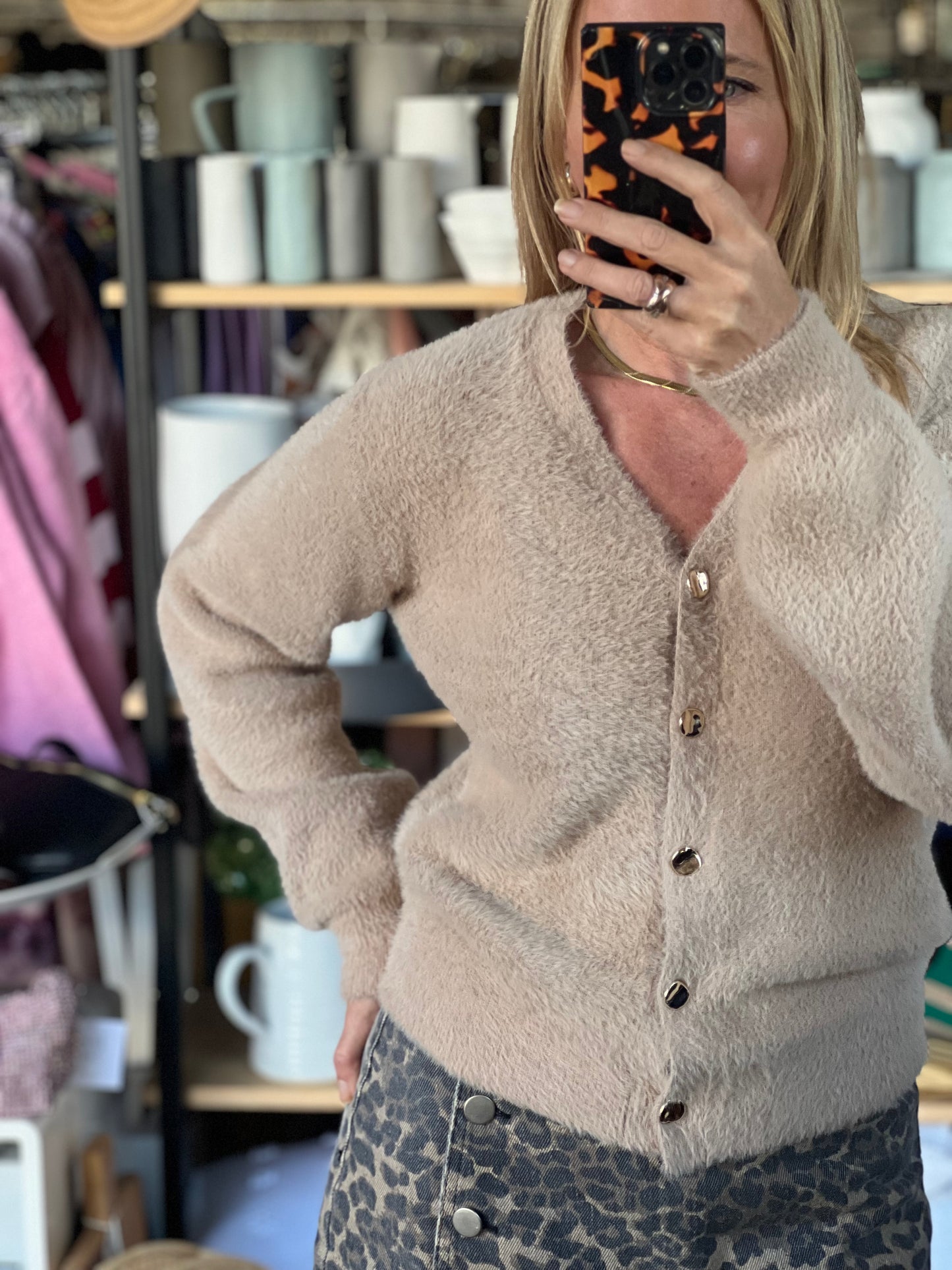 Fluffy Cardi with Gold Buttons - camel