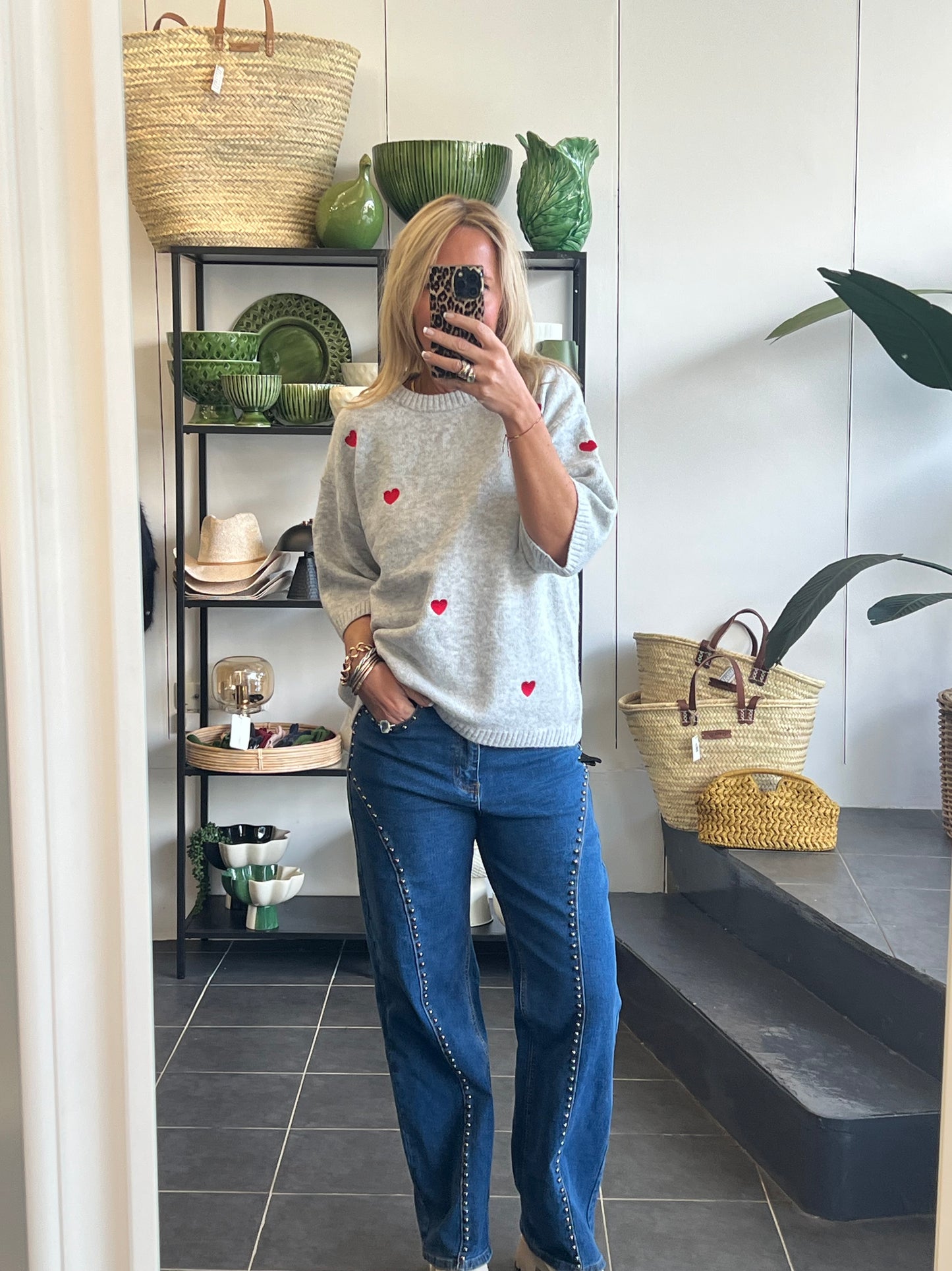 Heart Knit 3/4 Sleeve Top - grey