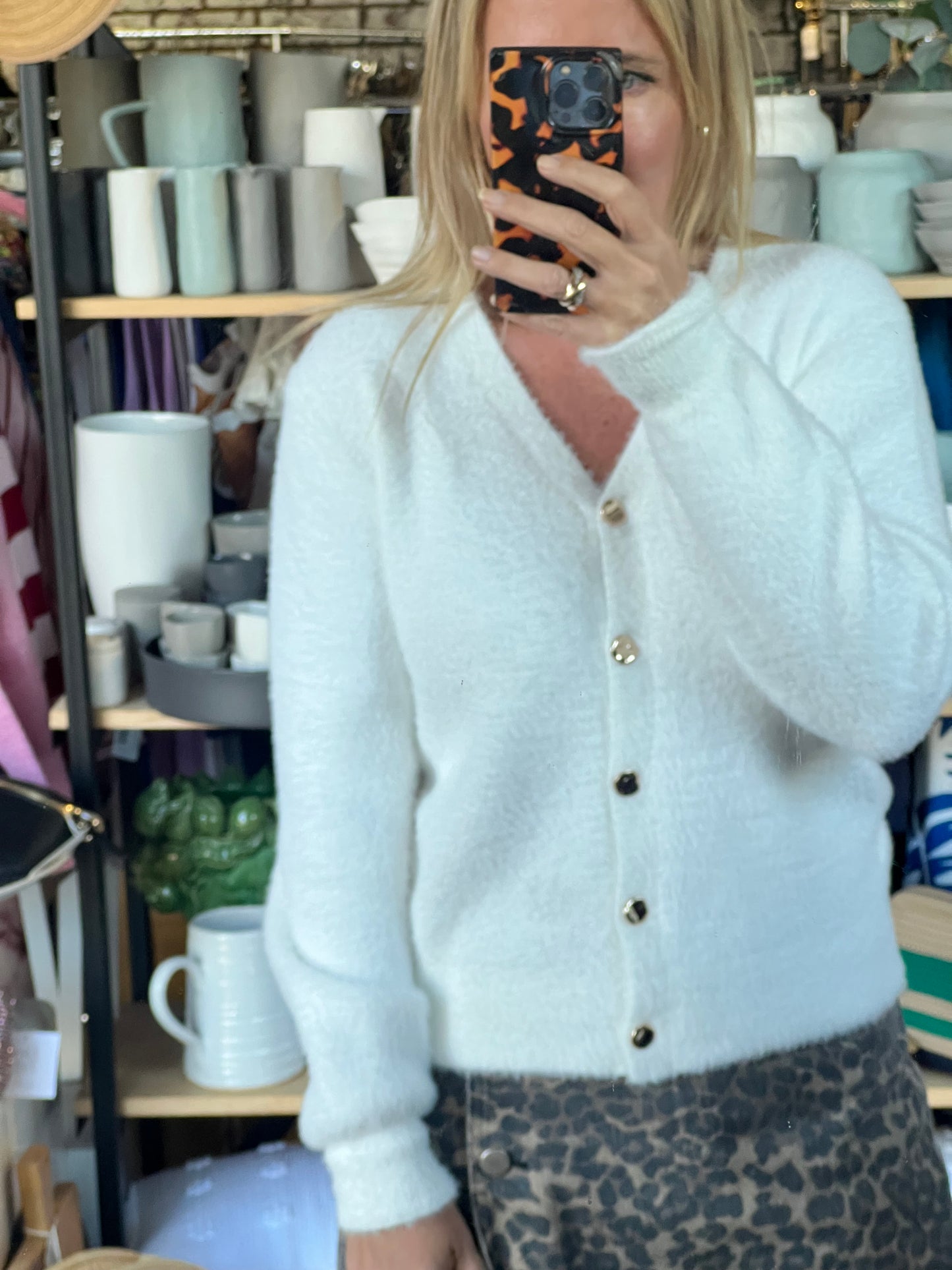 Fluffy Cardi with Gold Buttons - white