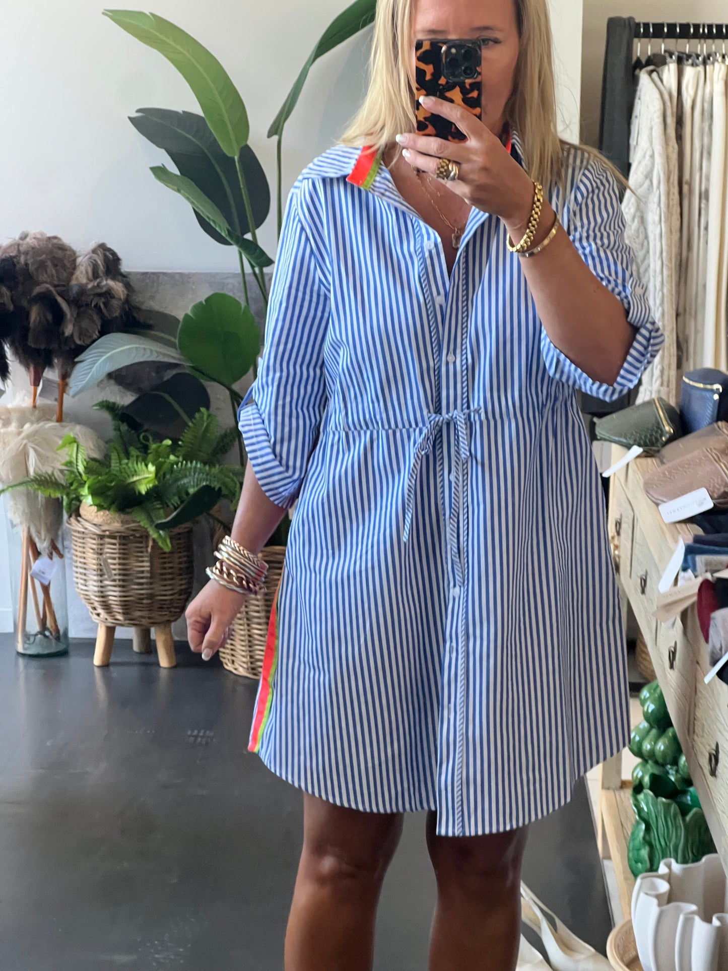 Stripe Cotton Shirt Dress Neon Trim - Blue