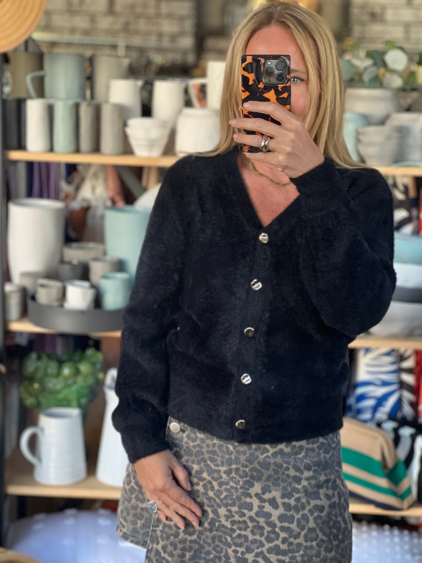Fluffy Cardi with Gold Buttons - black