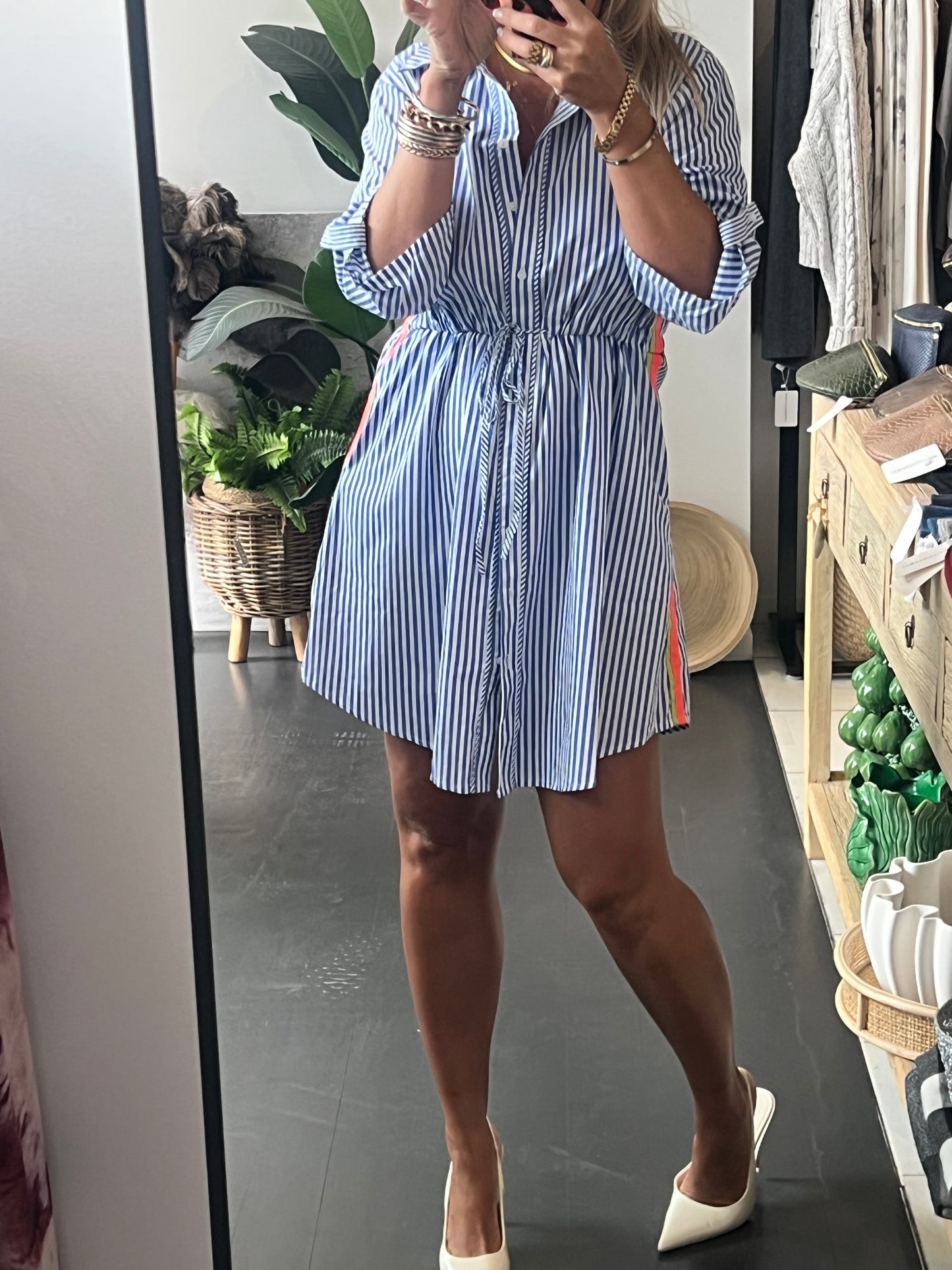 Stripe Cotton Shirt Dress Neon Trim - Blue