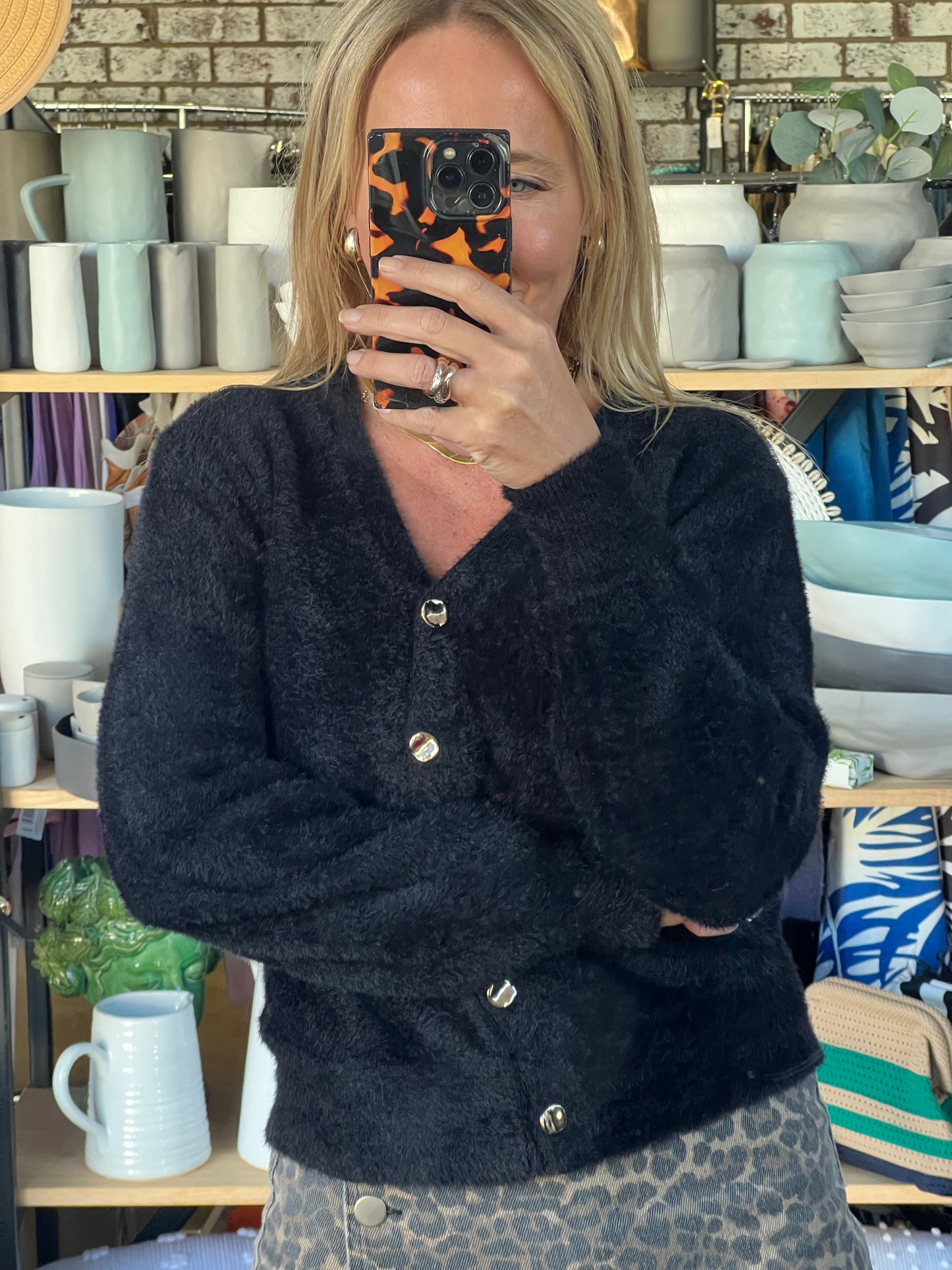 Fluffy Cardi with Gold Buttons - black