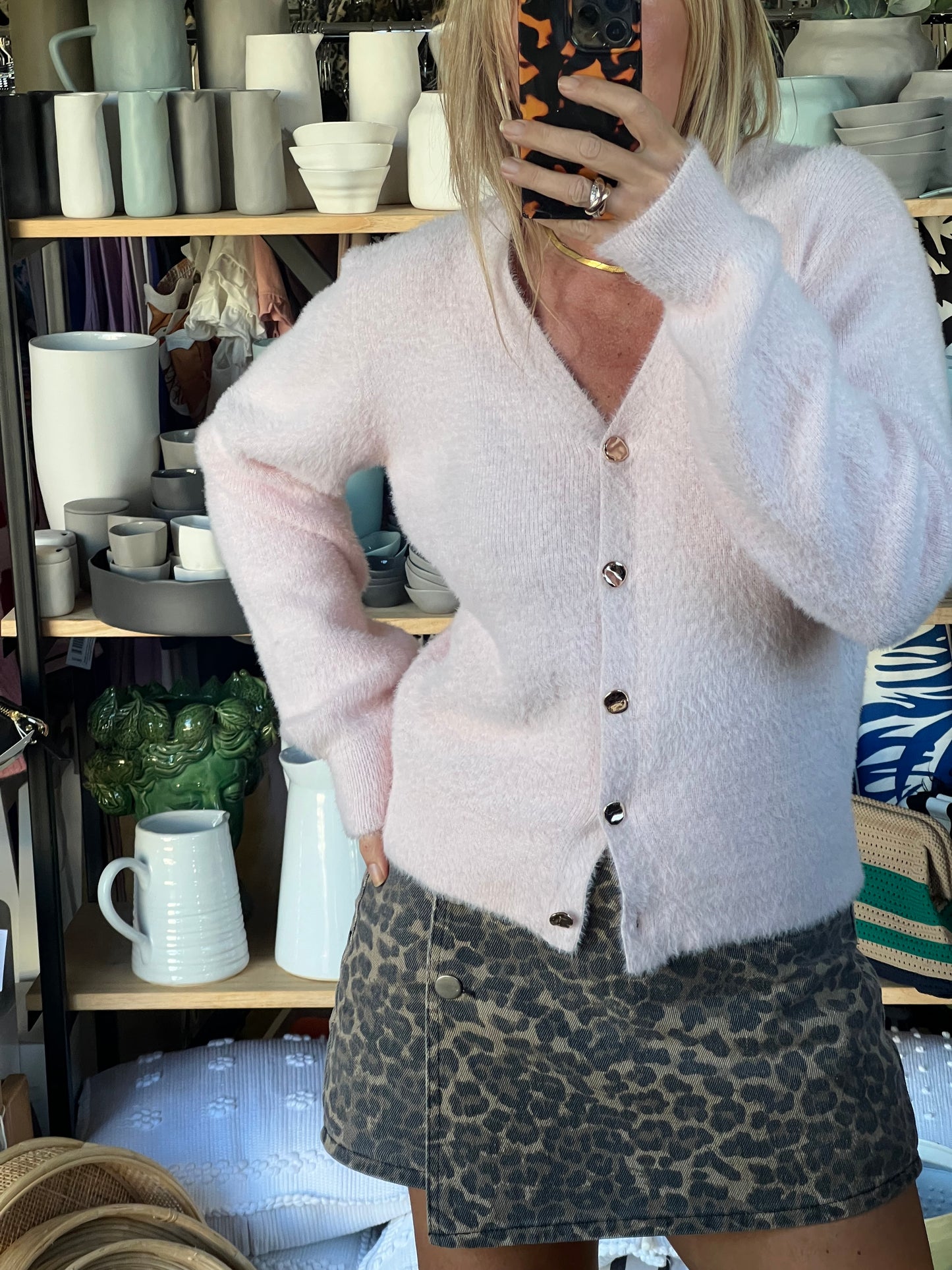 Fluffy Cardi with Gold Buttons - pink