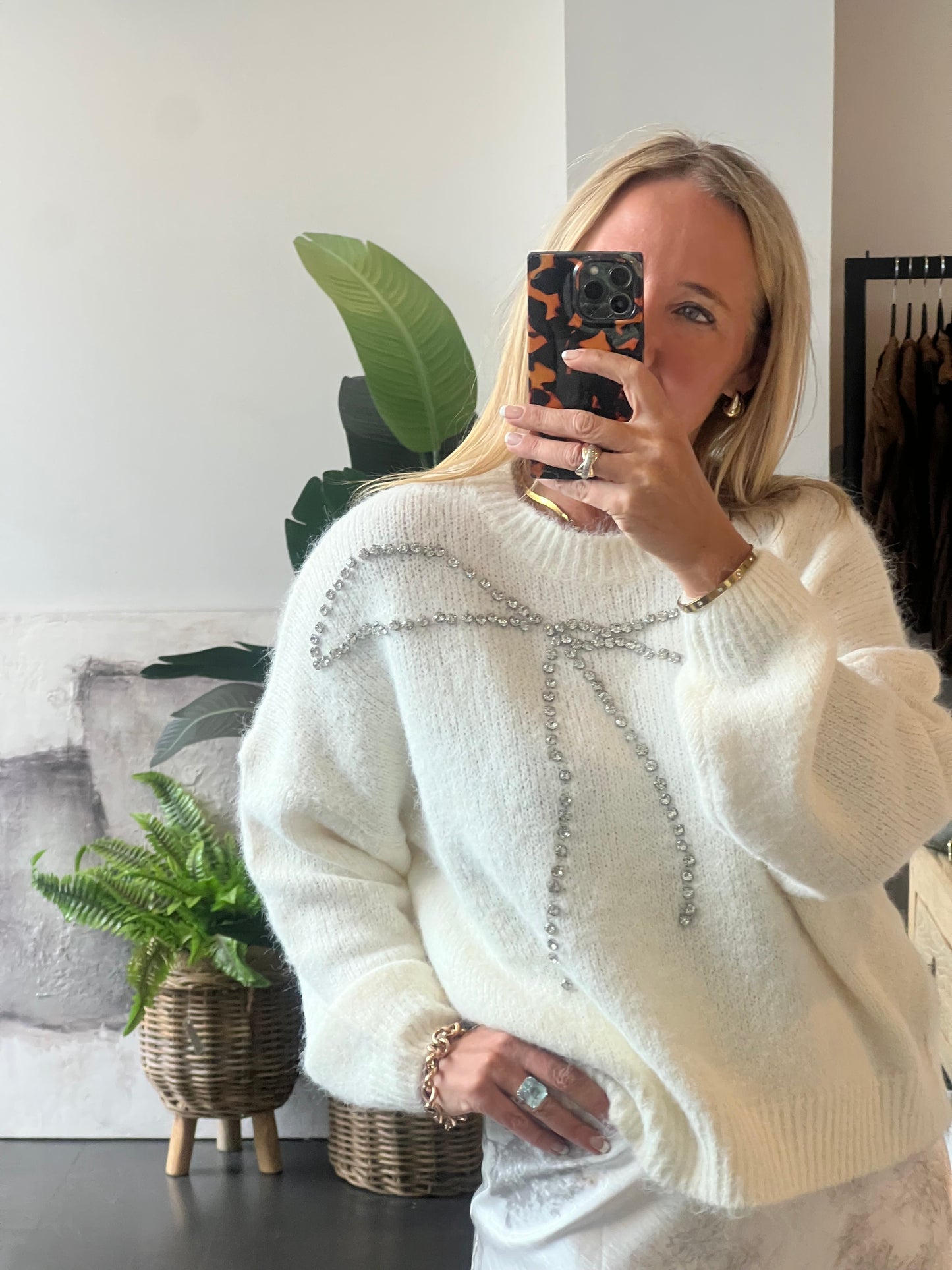 Bling Bow Relaxed Knit Jumper- winter white