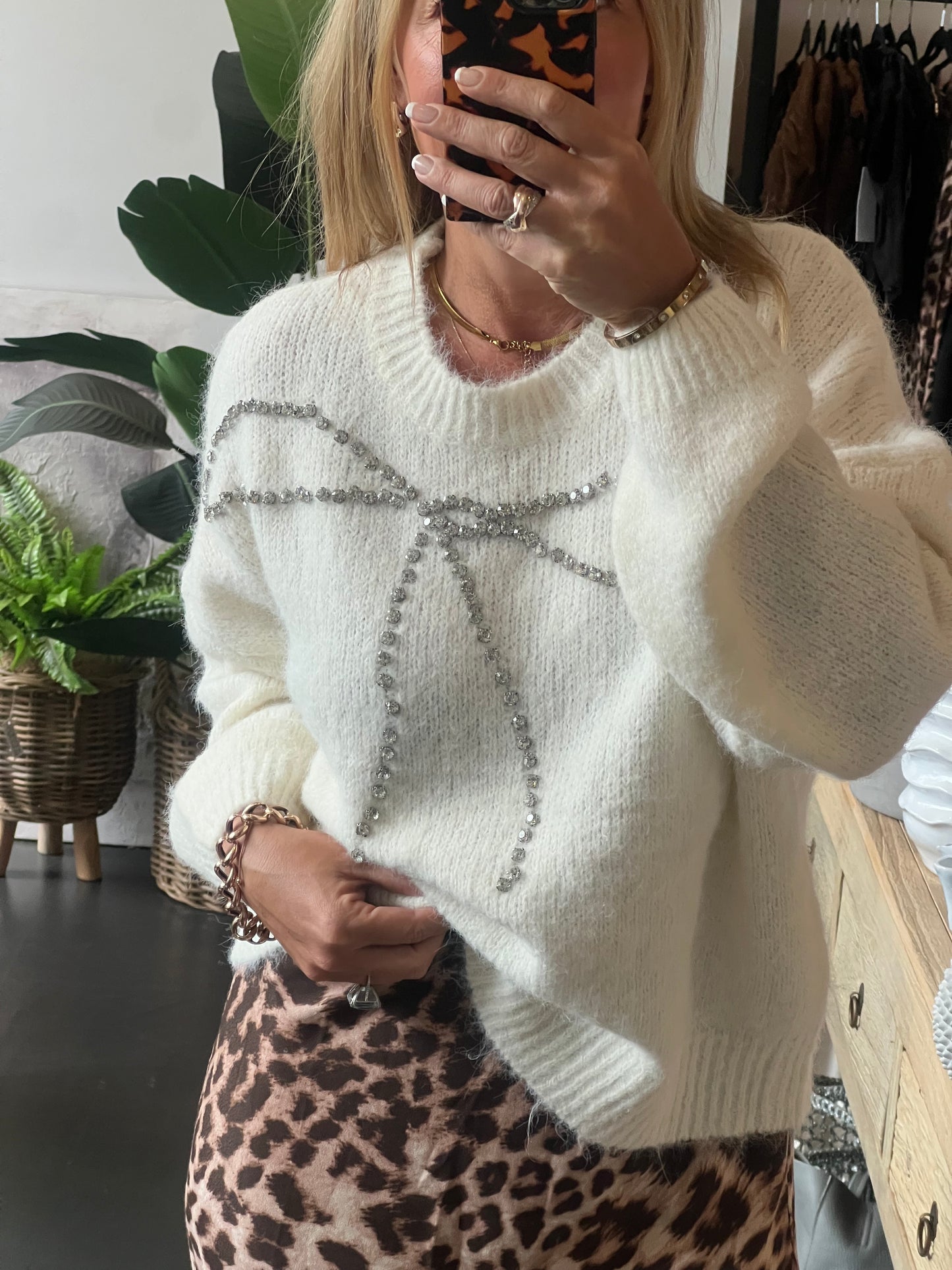 Bling Bow Relaxed Knit Jumper- winter white