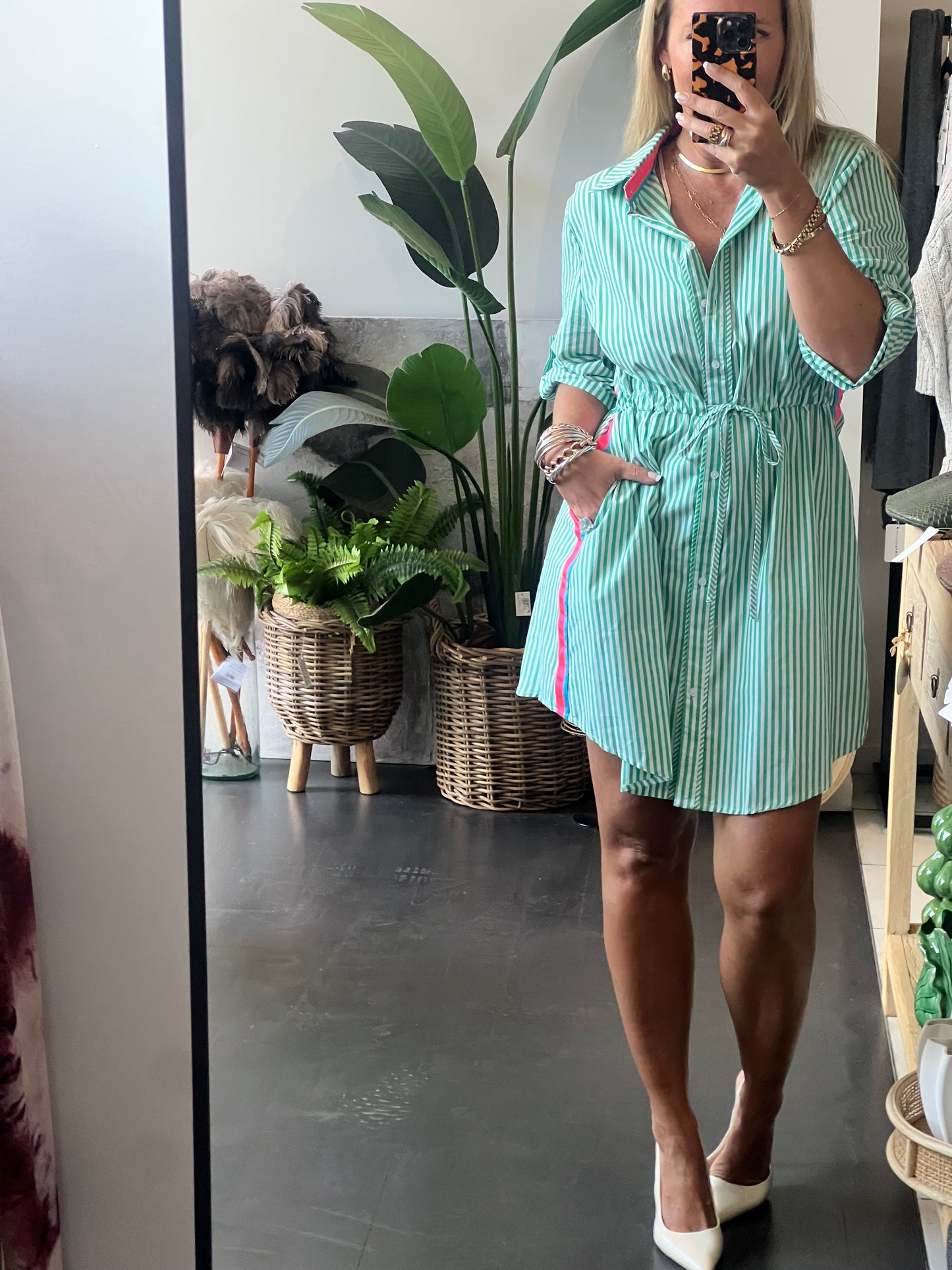 Stripe Cotton Shirt Dress Neon Trim - Green