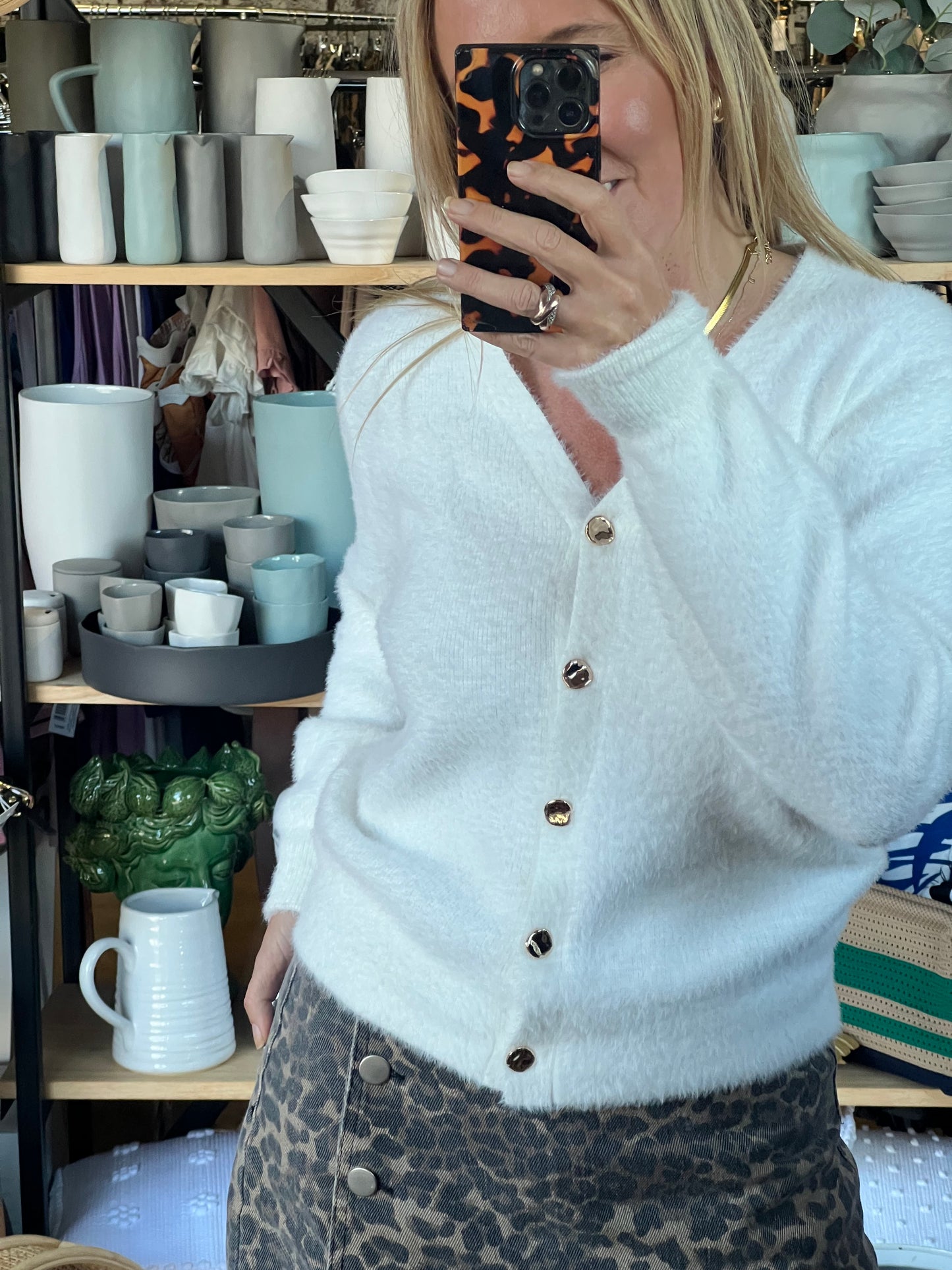 Fluffy Cardi with Gold Buttons - white