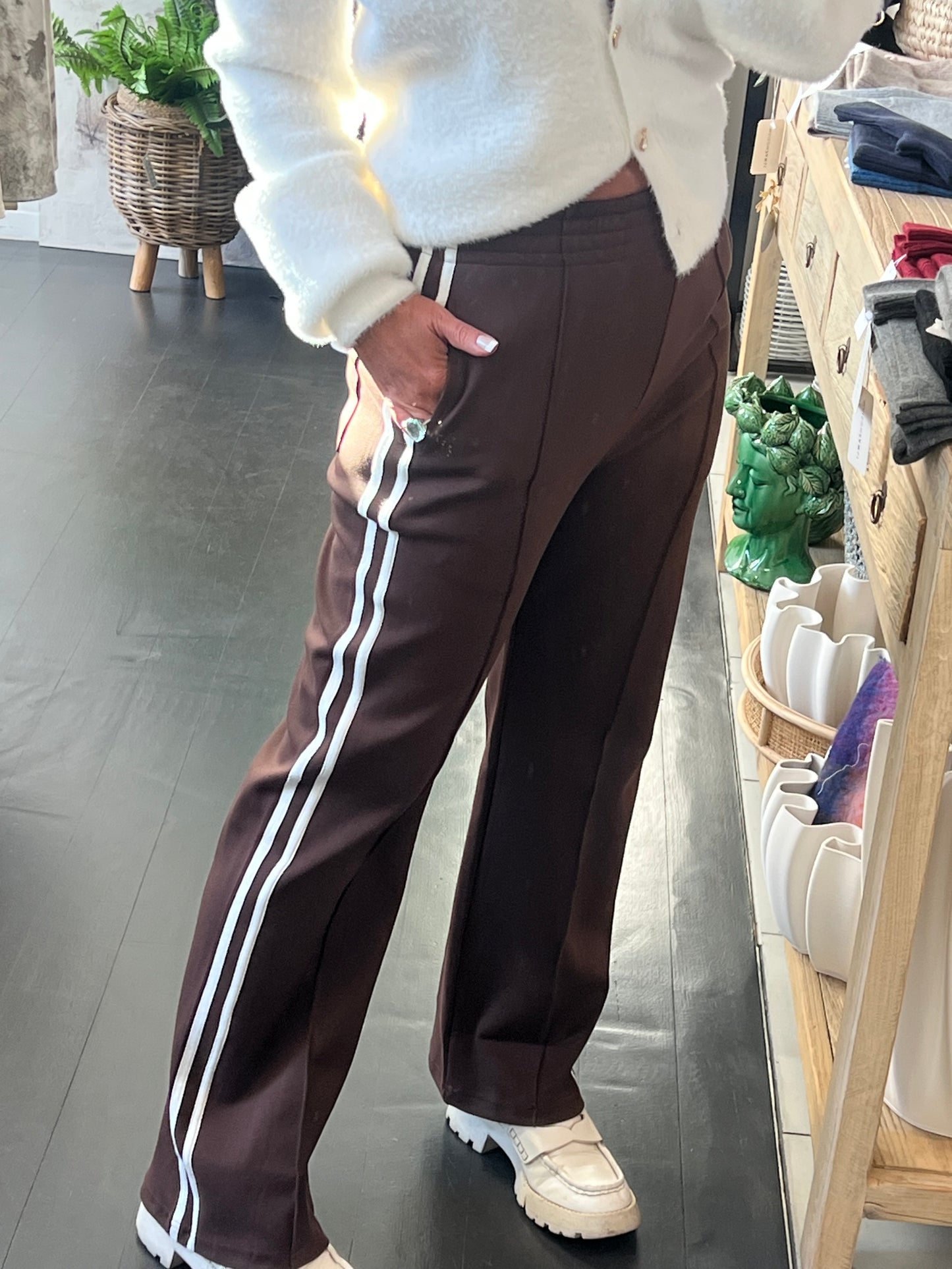 Chocolate Brown Stripe Ponti Pintuck Pant