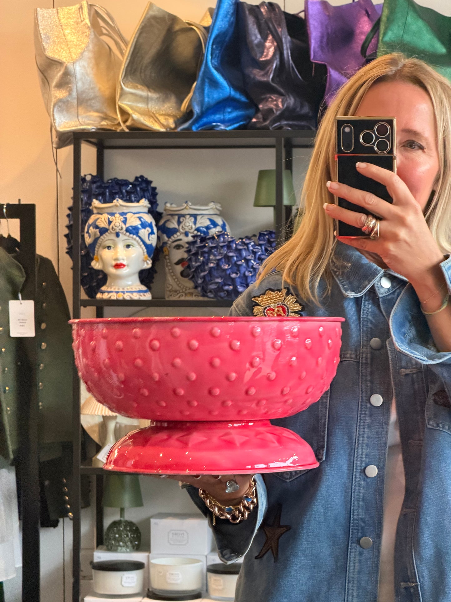 XL Footed Glazed Tin Fruit Bowl- pink