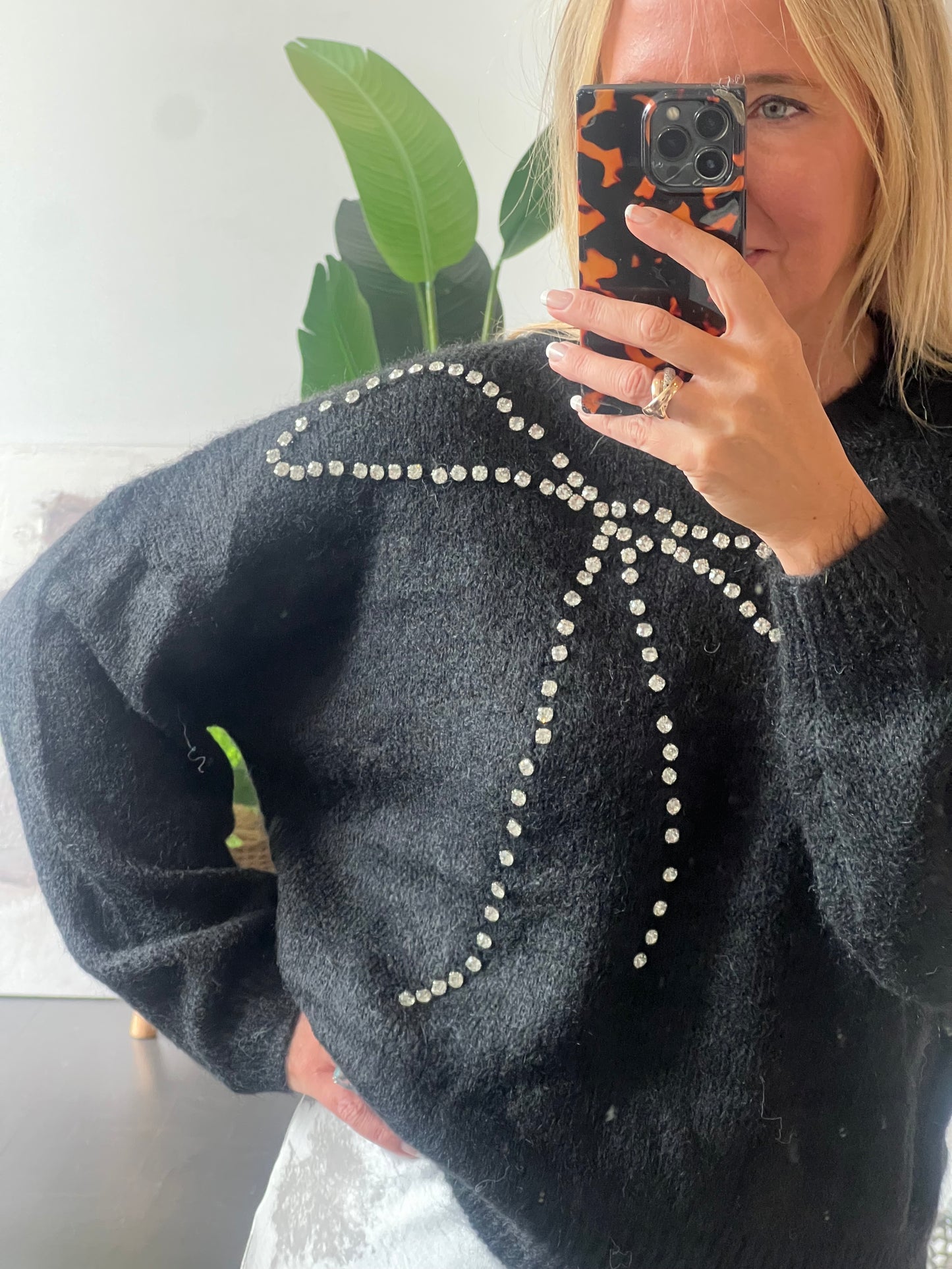 bling Bow Relaxed Knit Jumper- black