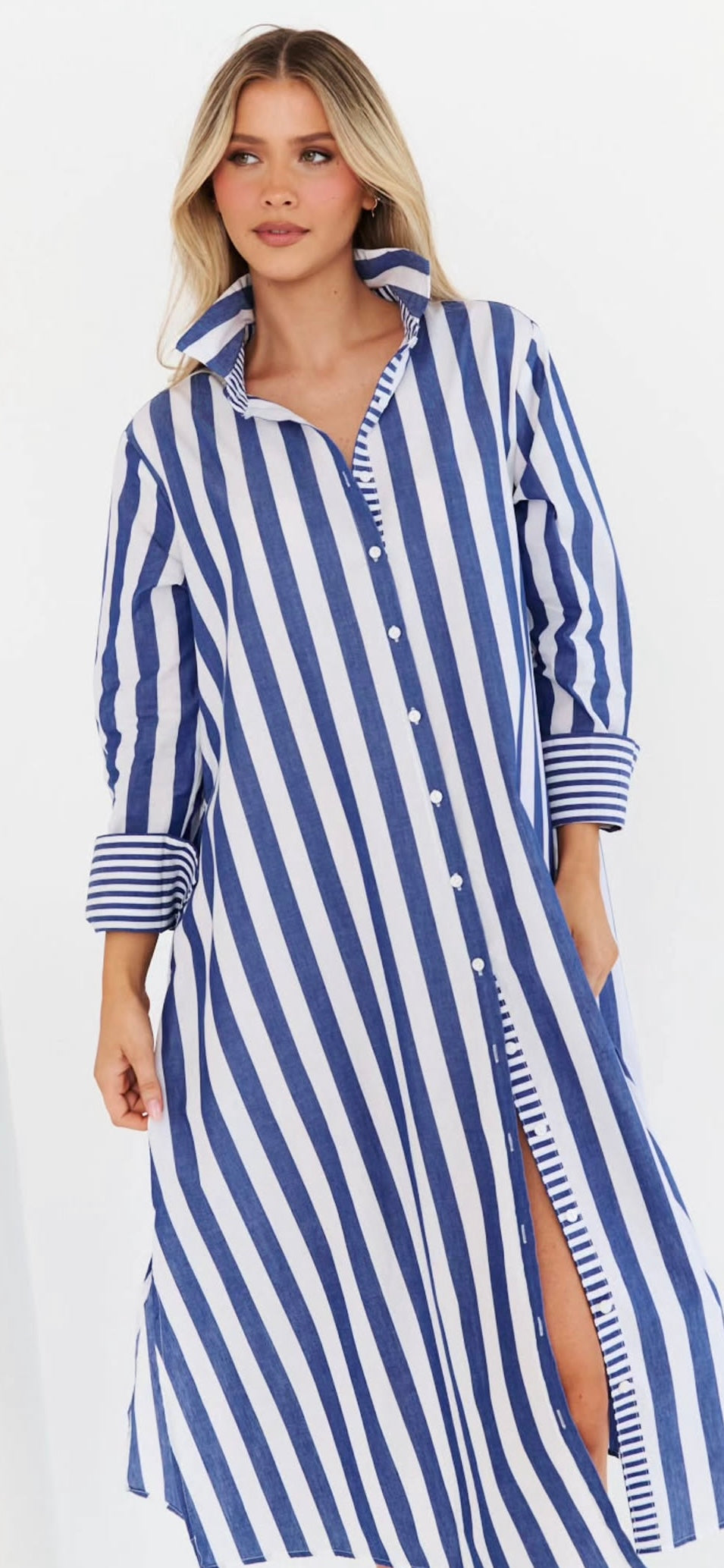 Stripe Long Sleeve Shirt Maxi Dress - Blue