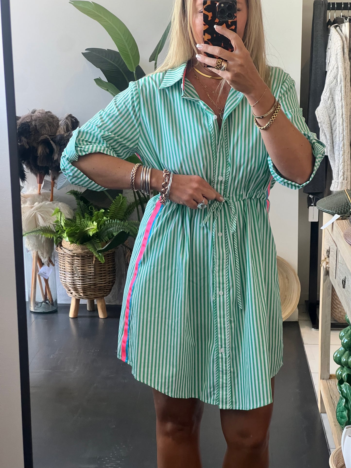 Stripe Cotton Shirt Dress Neon Trim - Green