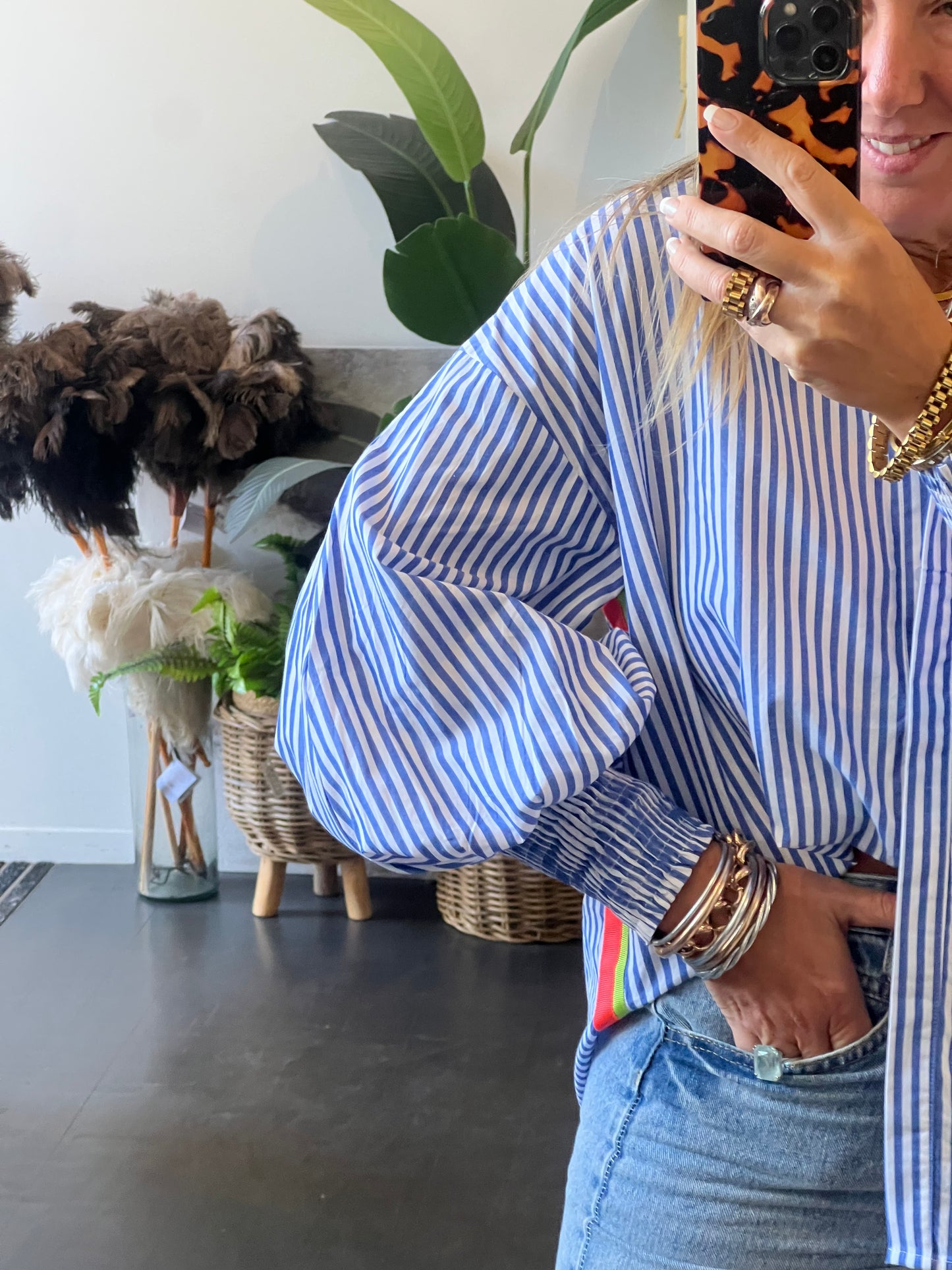 Blue & White Stripe Cotton Shirt - neon trim