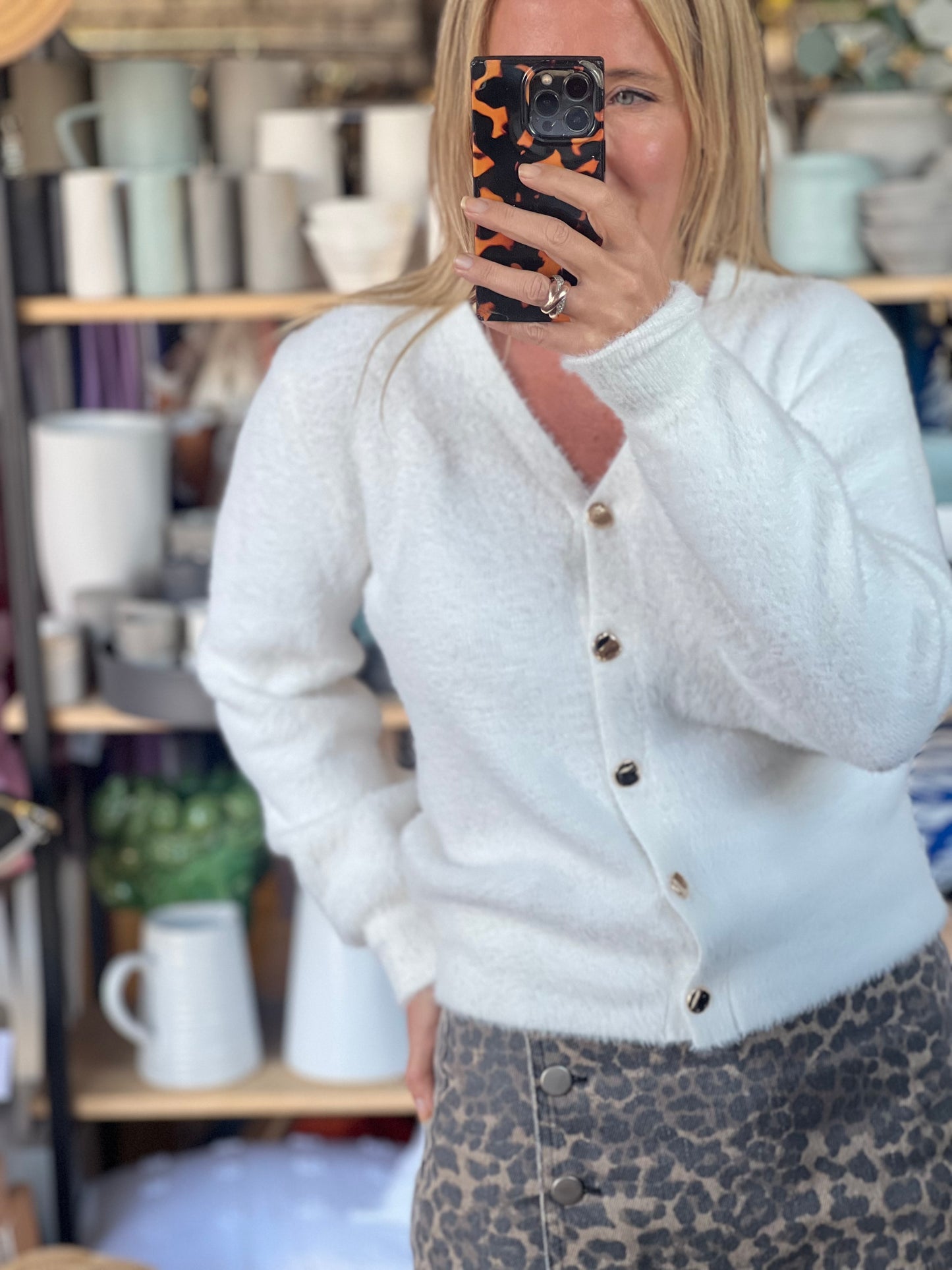 Fluffy Cardi with Gold Buttons - white