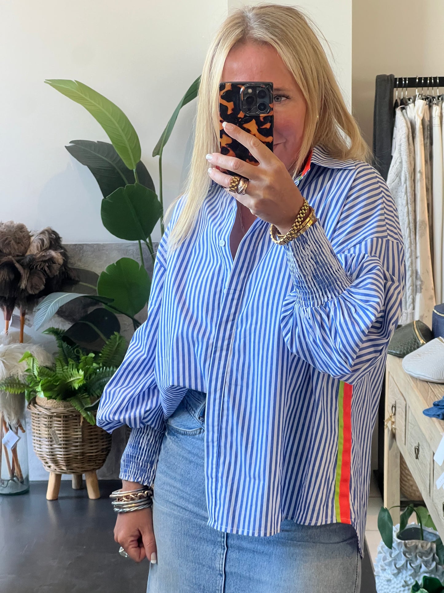Blue & White Stripe Cotton Shirt - neon trim