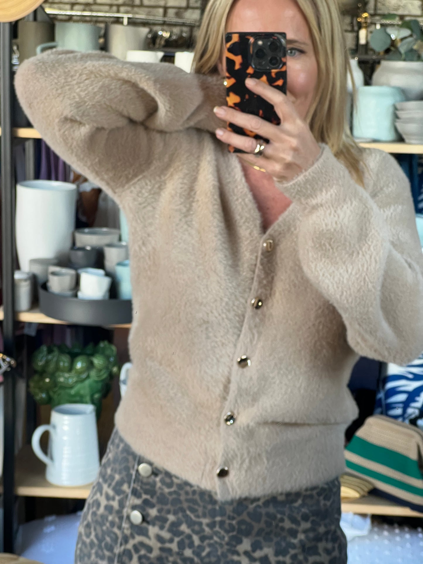 Fluffy Cardi with Gold Buttons - camel