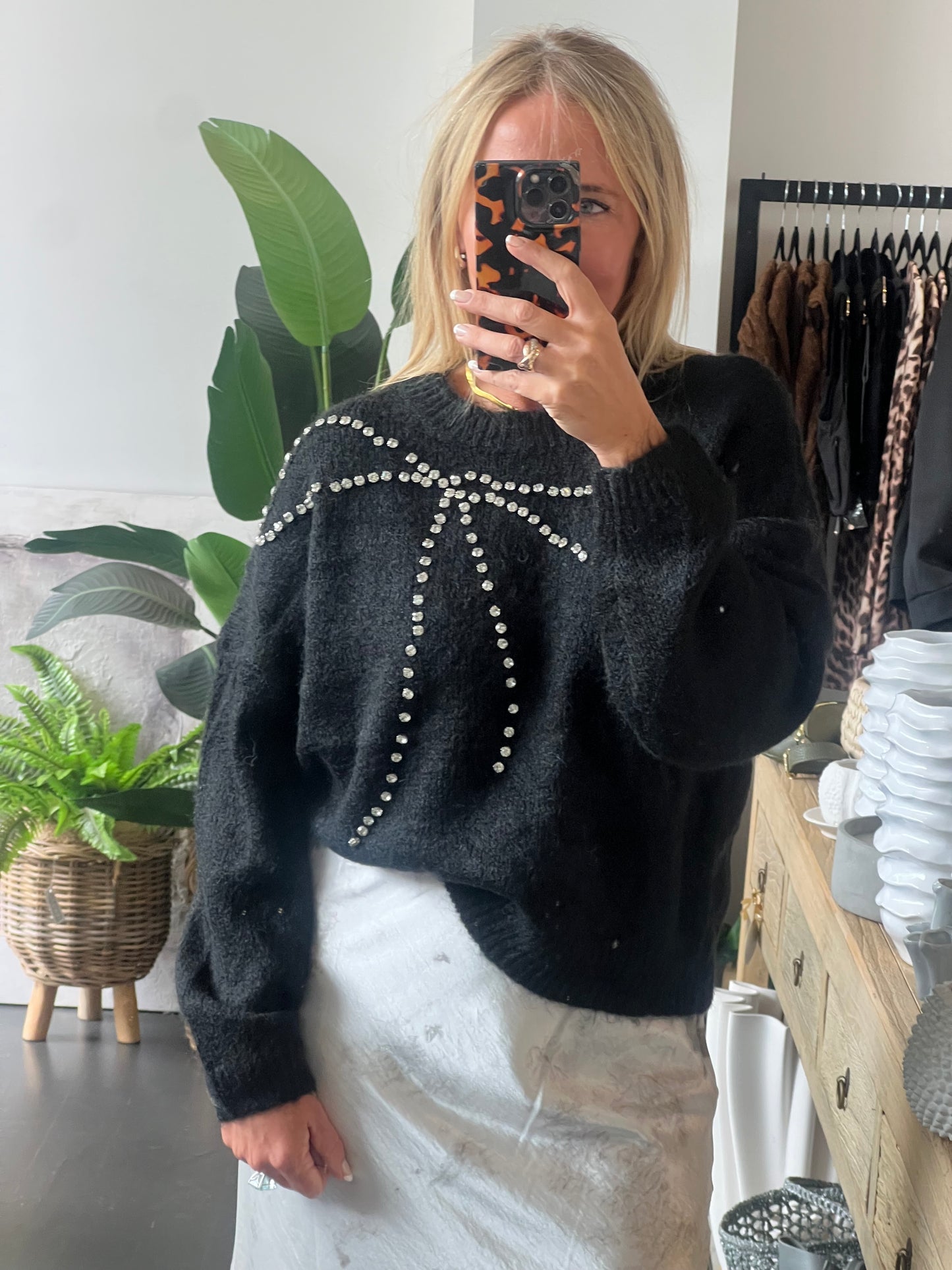 bling Bow Relaxed Knit Jumper- black