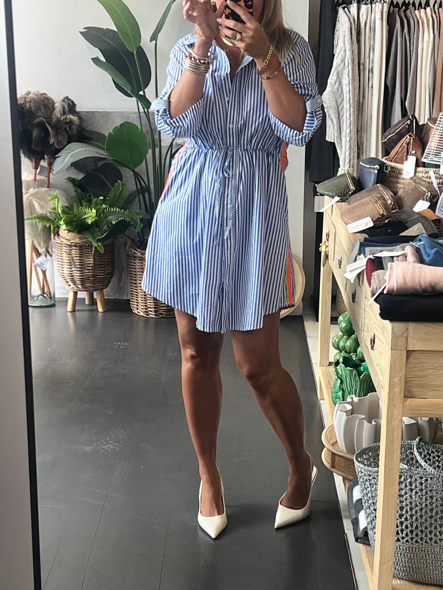 Stripe Cotton Shirt Dress Neon Trim - Blue