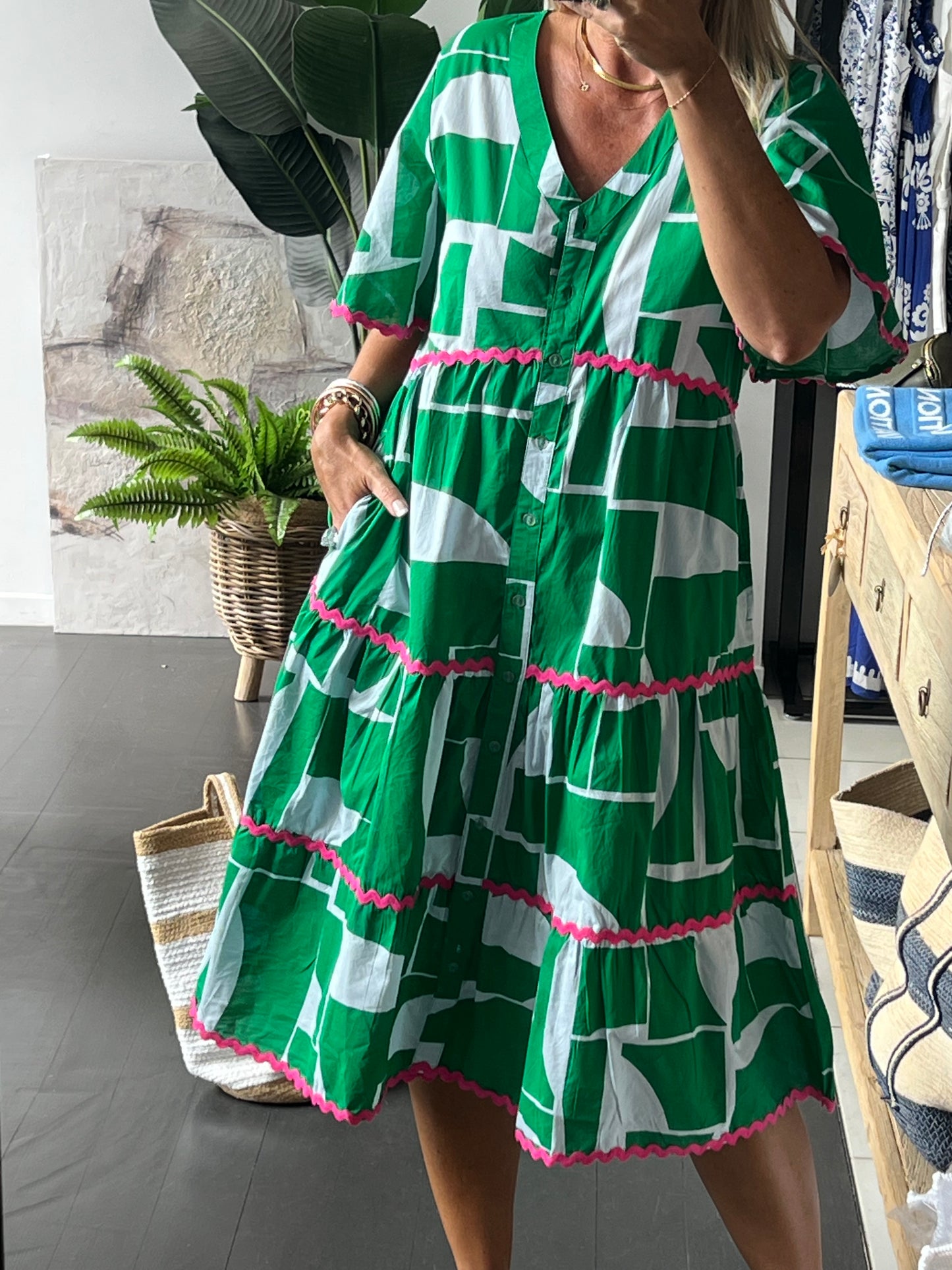 Beach To Bar Cotton MIDI Dress- green