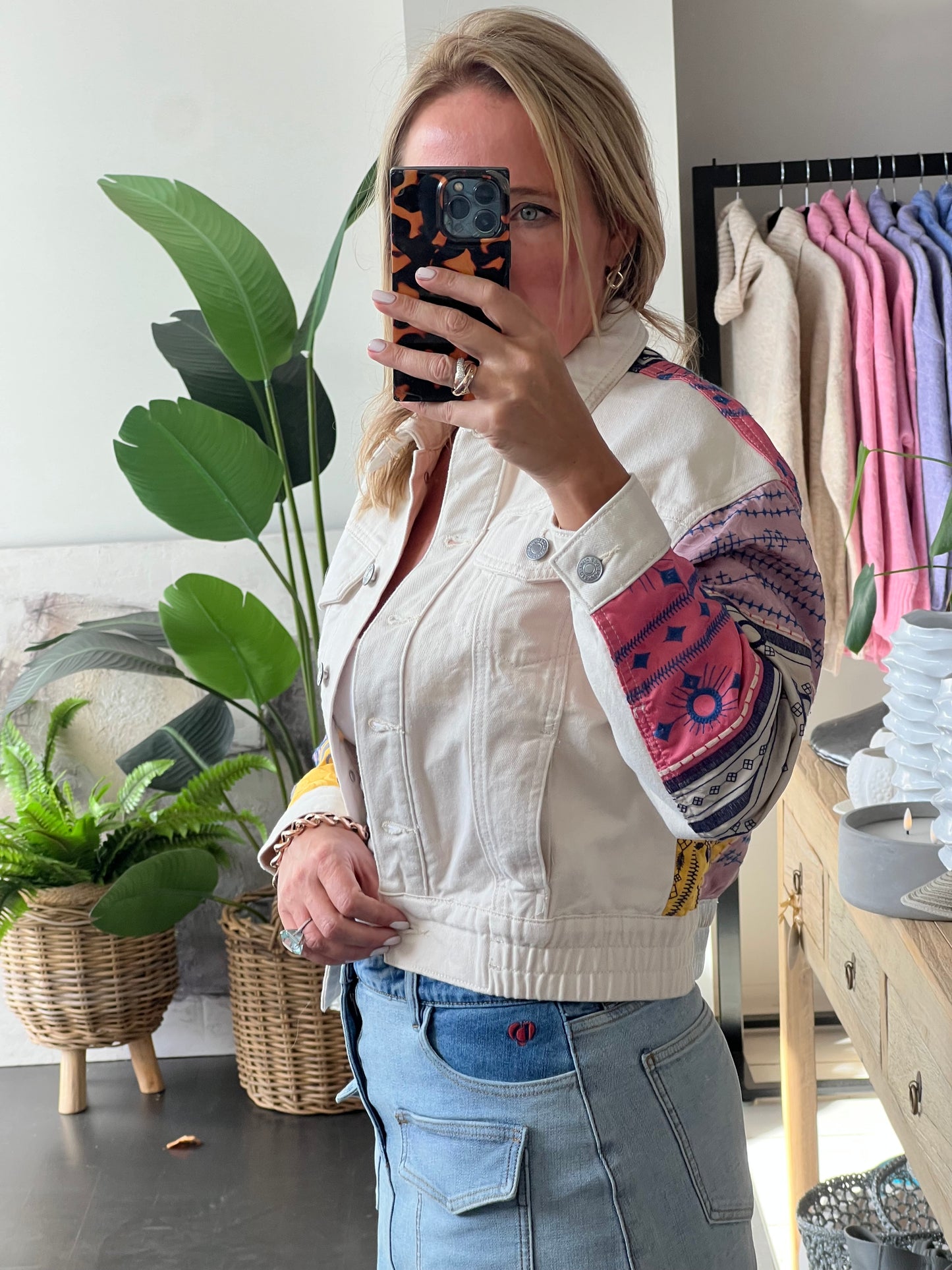 Desigual Embroidered Denim Bomber Jacket cream