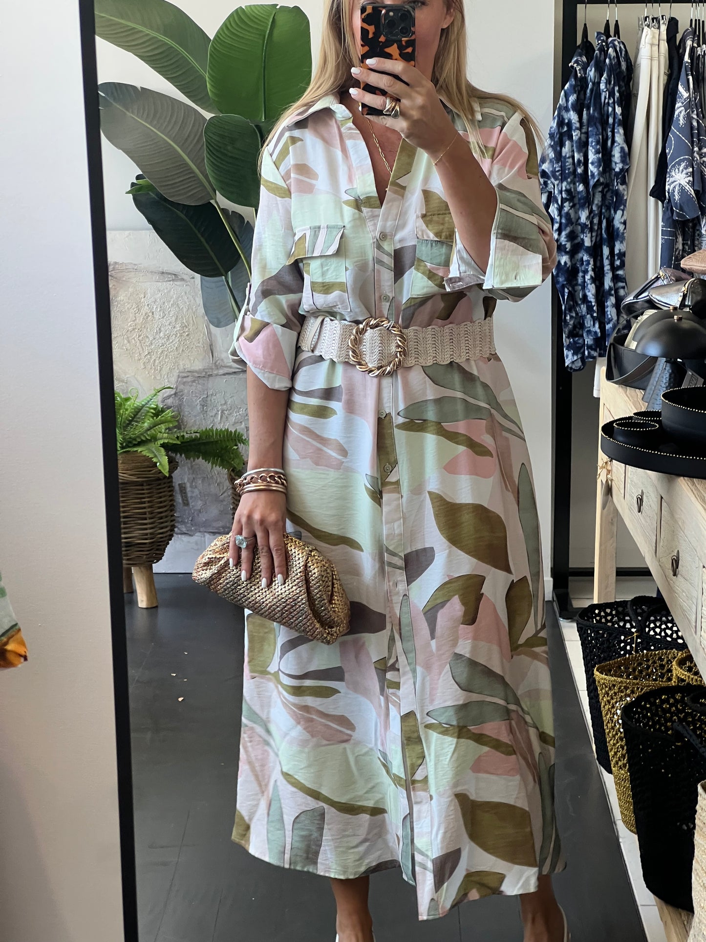 Watercolour Maxi Shirt Midi Dress- Sage