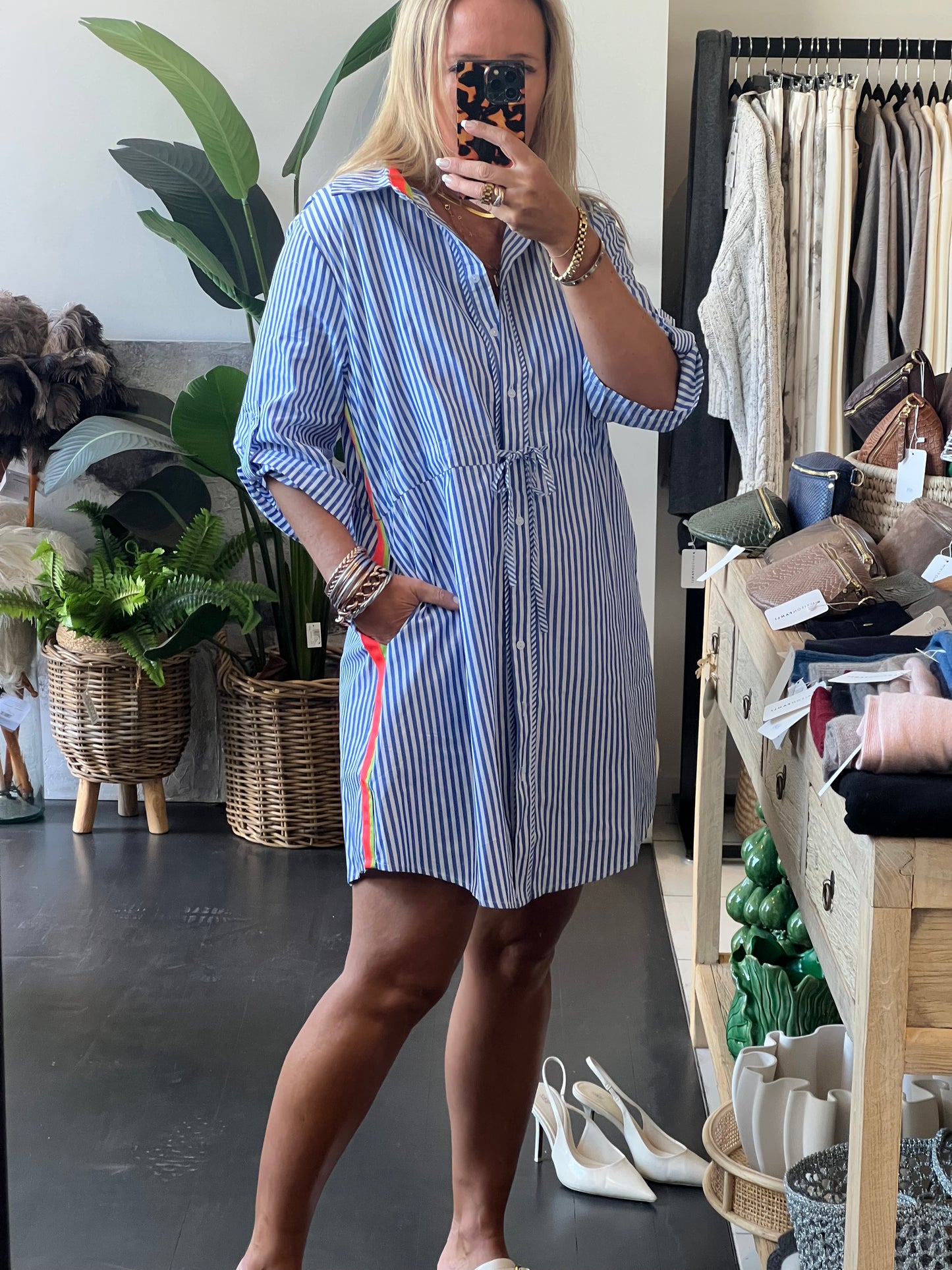 Stripe Cotton Shirt Dress Neon Trim - Blue