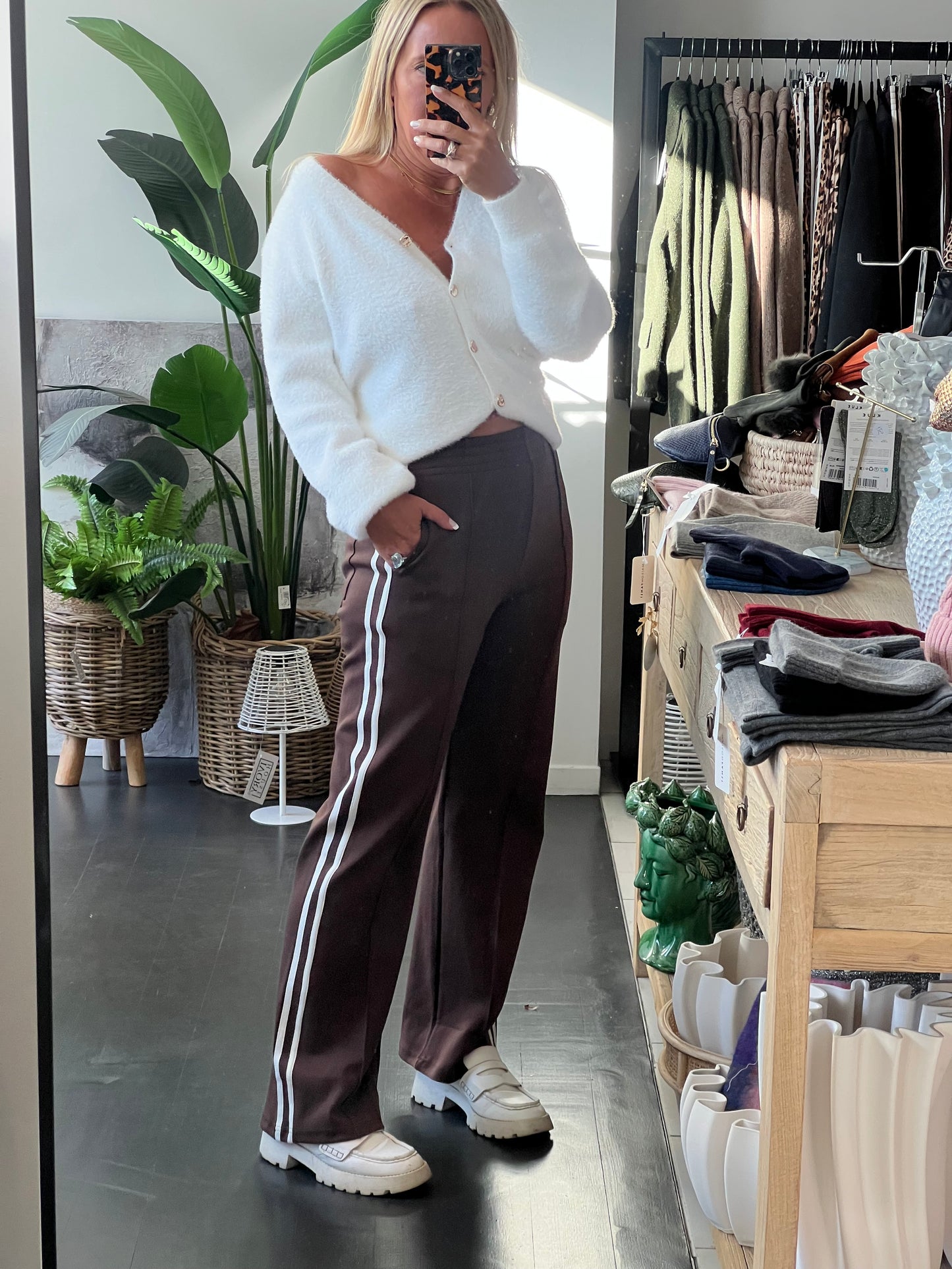 Chocolate Brown Stripe Ponti Pintuck Pant