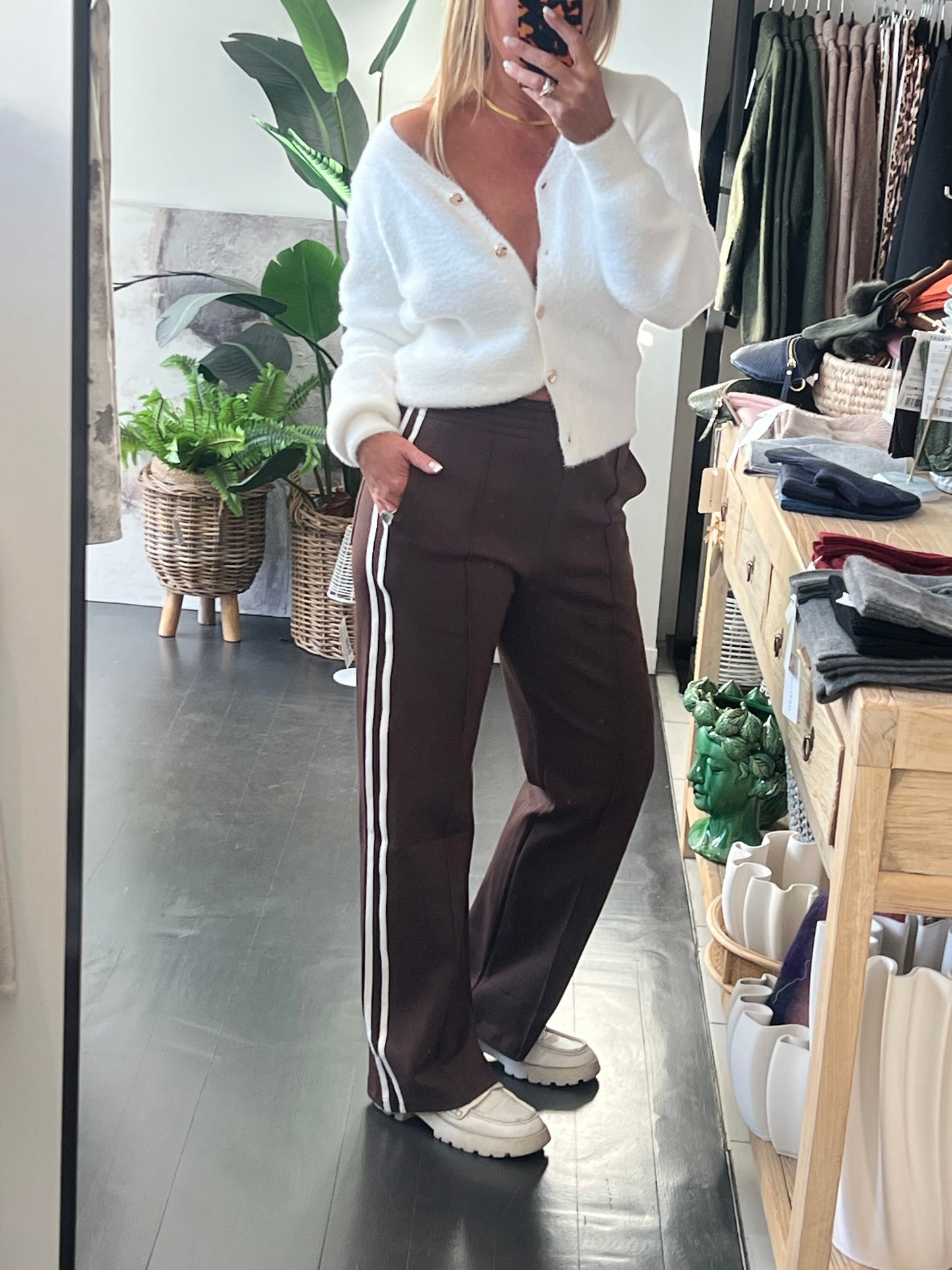 Chocolate Brown Stripe Ponti Pintuck Pant
