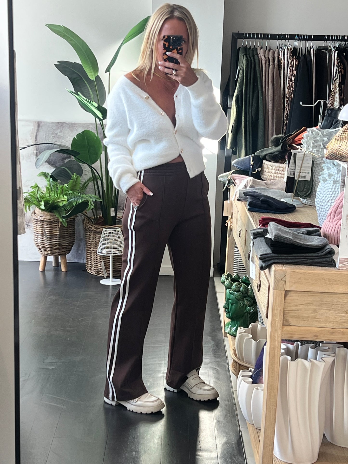 Chocolate Brown Stripe Ponti Pintuck Pant