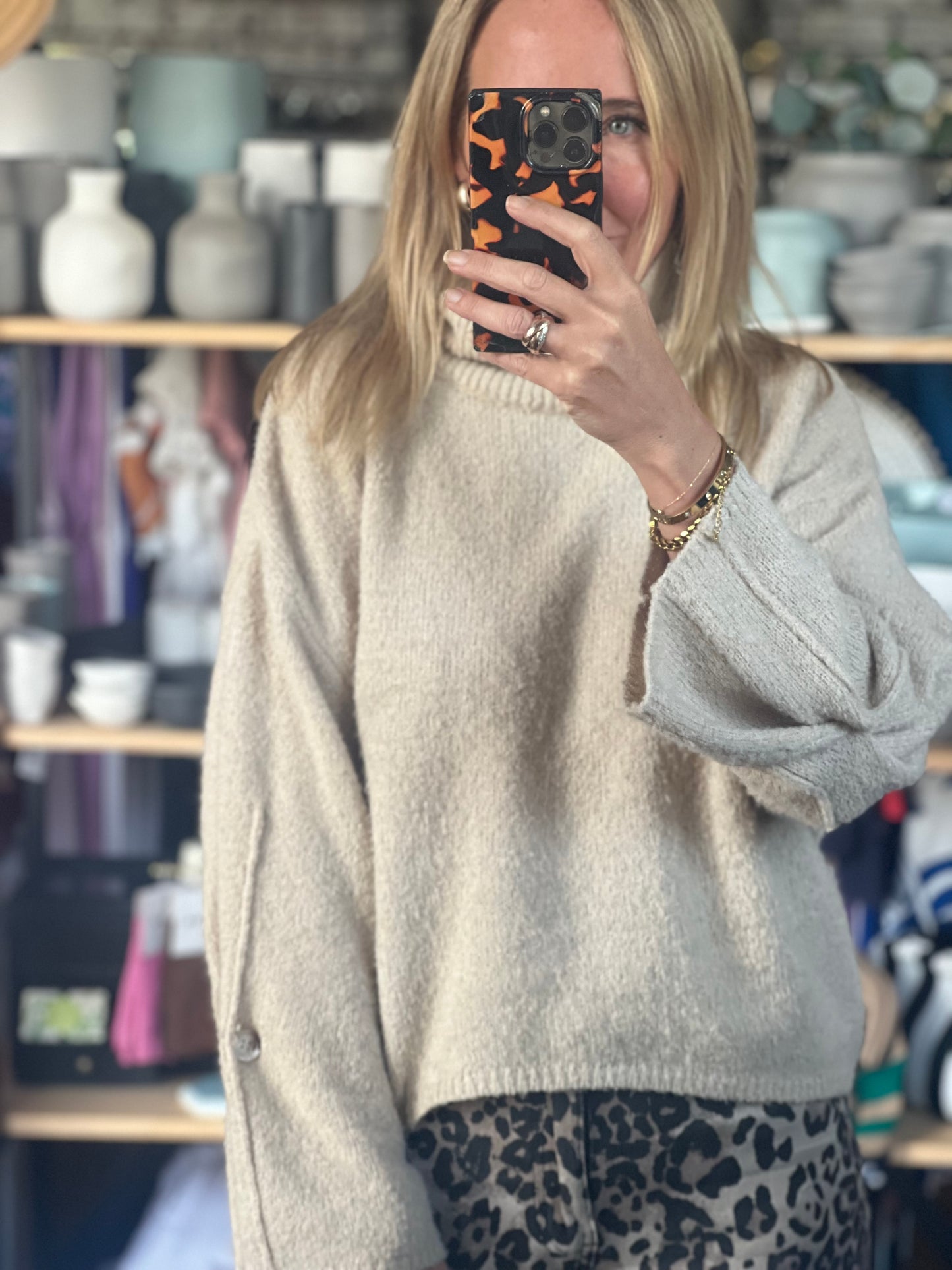 Roll Neck Button Cuff Knit Jumper