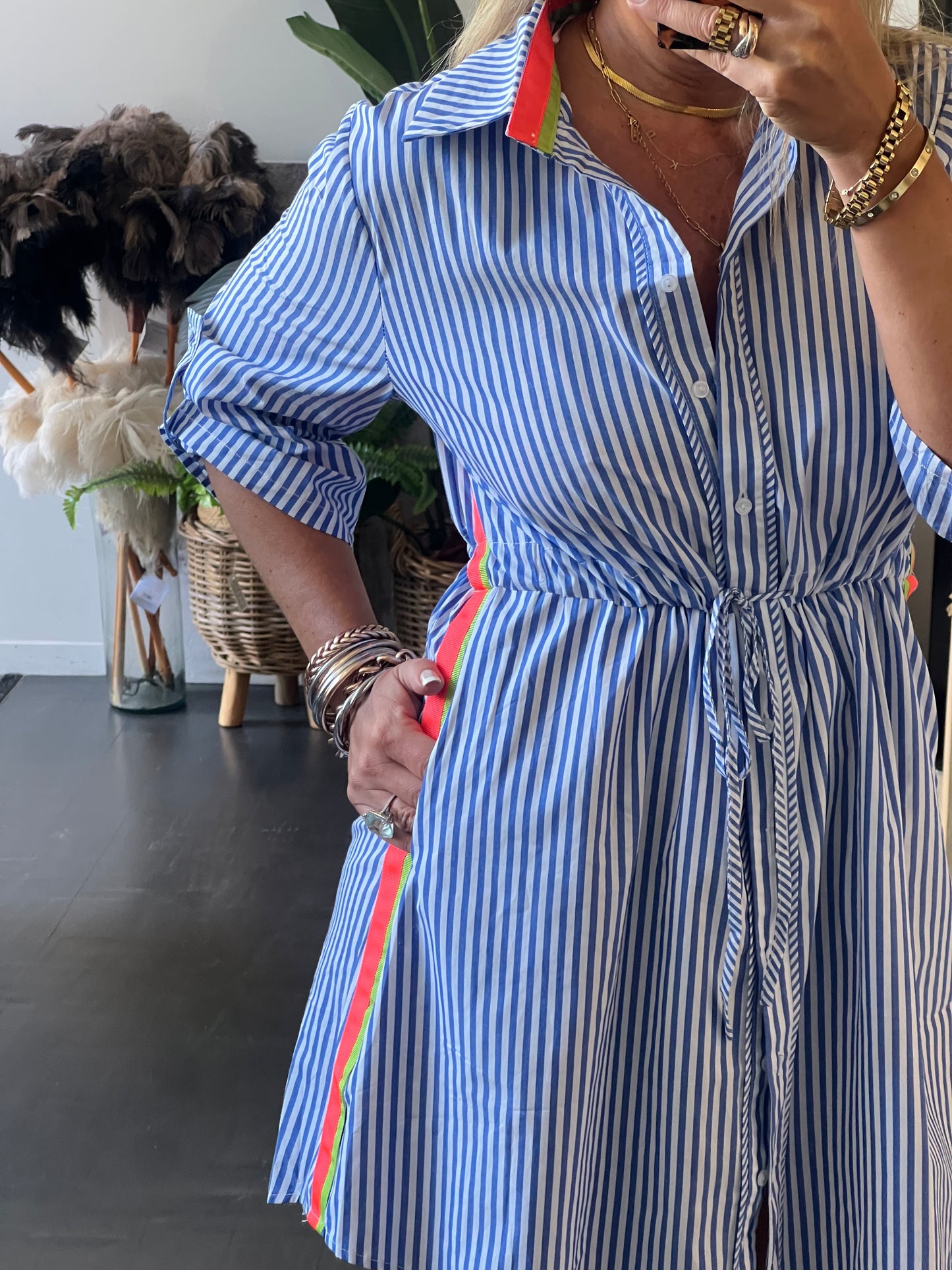Stripe Cotton Shirt Dress Neon Trim - Blue